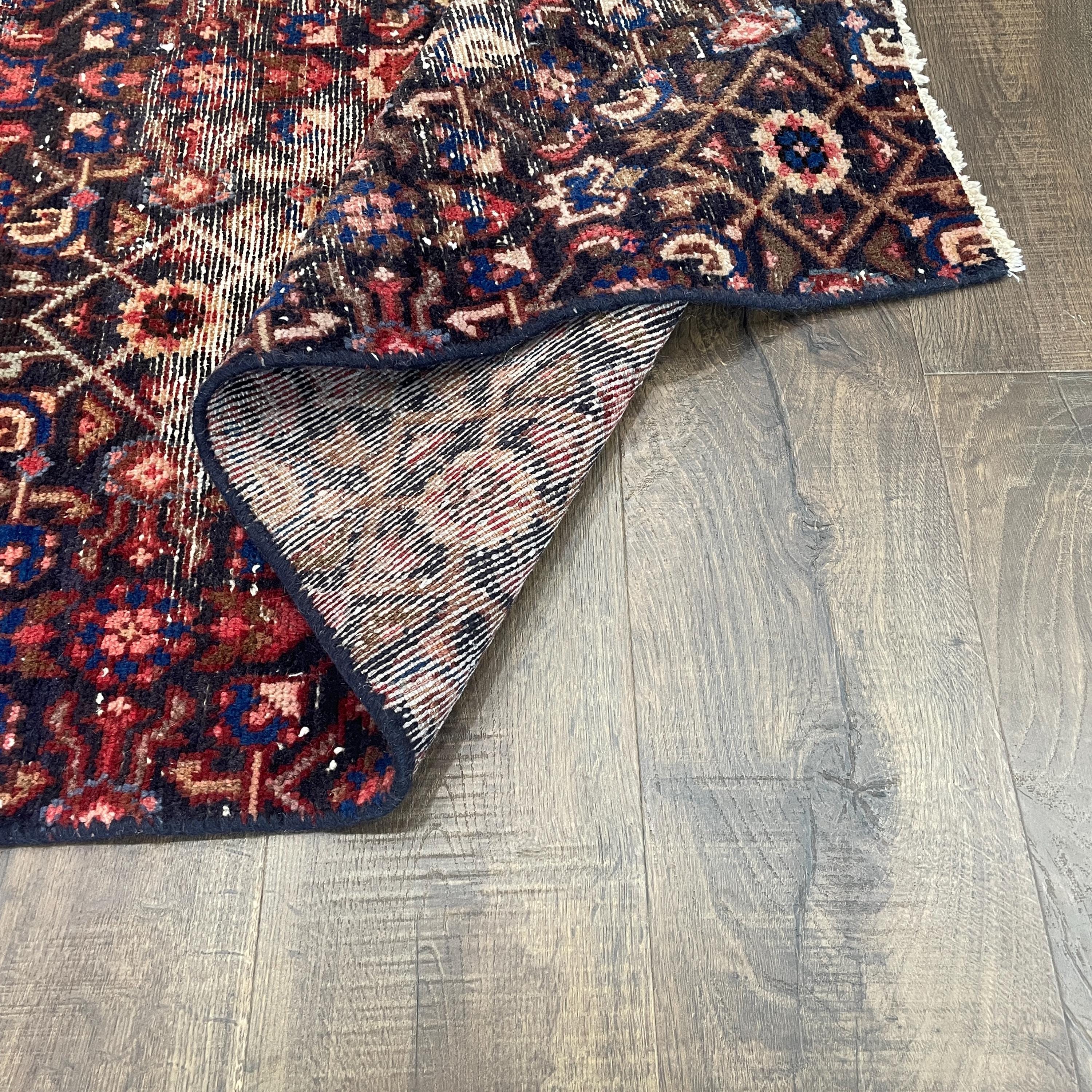 2'2"x7'6" Handmade Wool Runner Rug - Vintage Persian-Inspired Navy and Red Hallway Runner