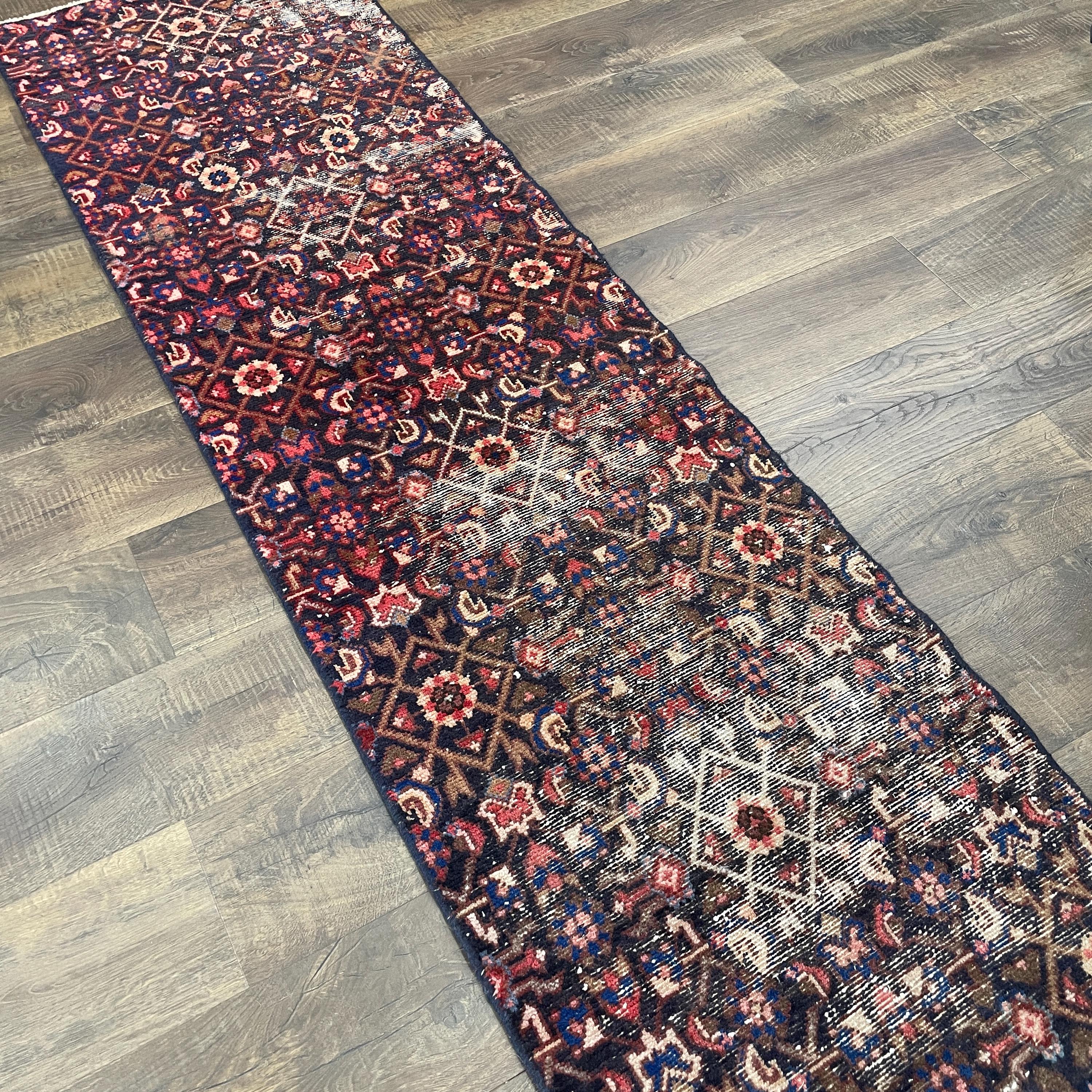2'2"x7'6" Handmade Wool Runner Rug - Vintage Persian-Inspired Navy and Red Hallway Runner