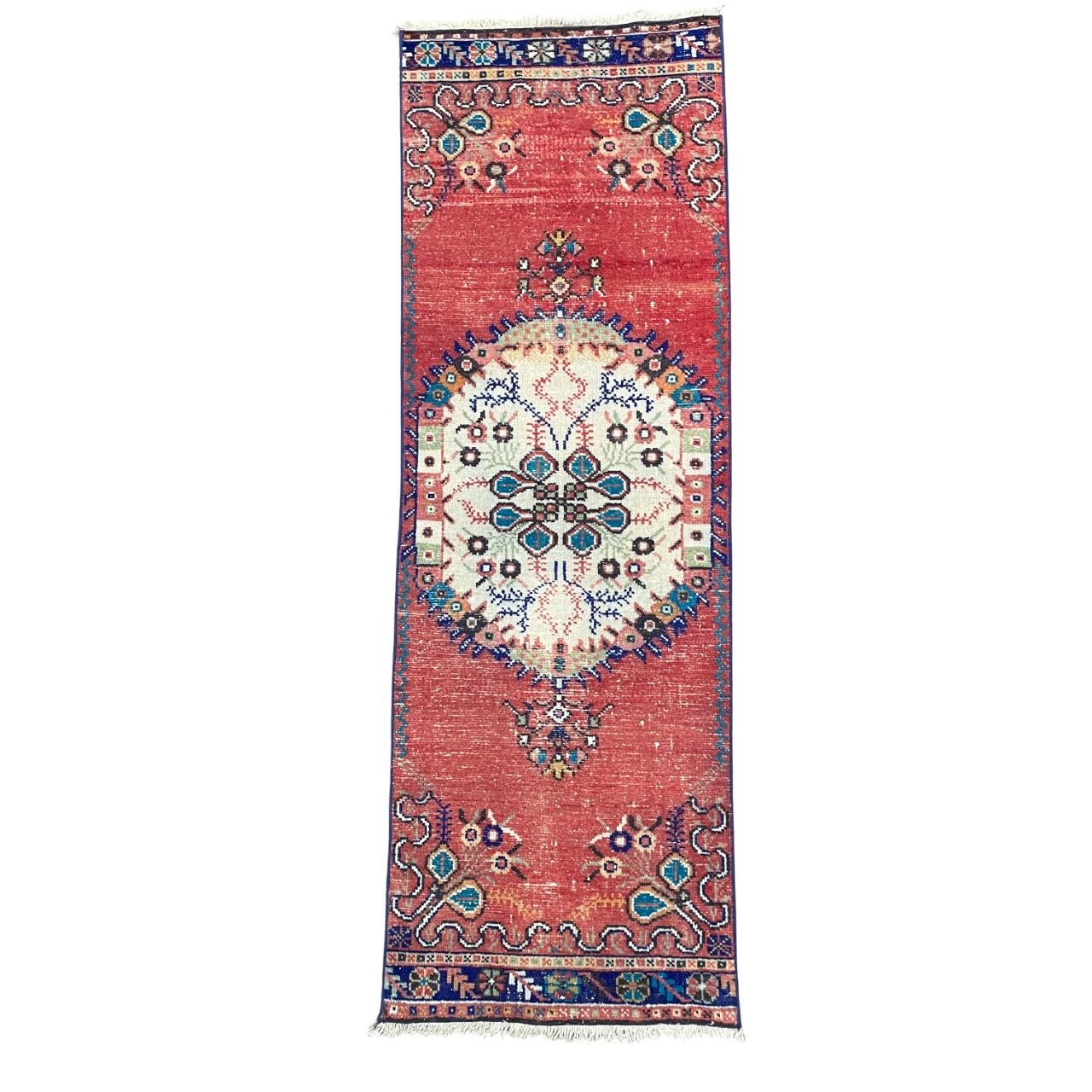 Handmade Wool  2'3"x6'8" Runner Rug - Vibrant Red and Ivory Medallion Design Hallway Rug