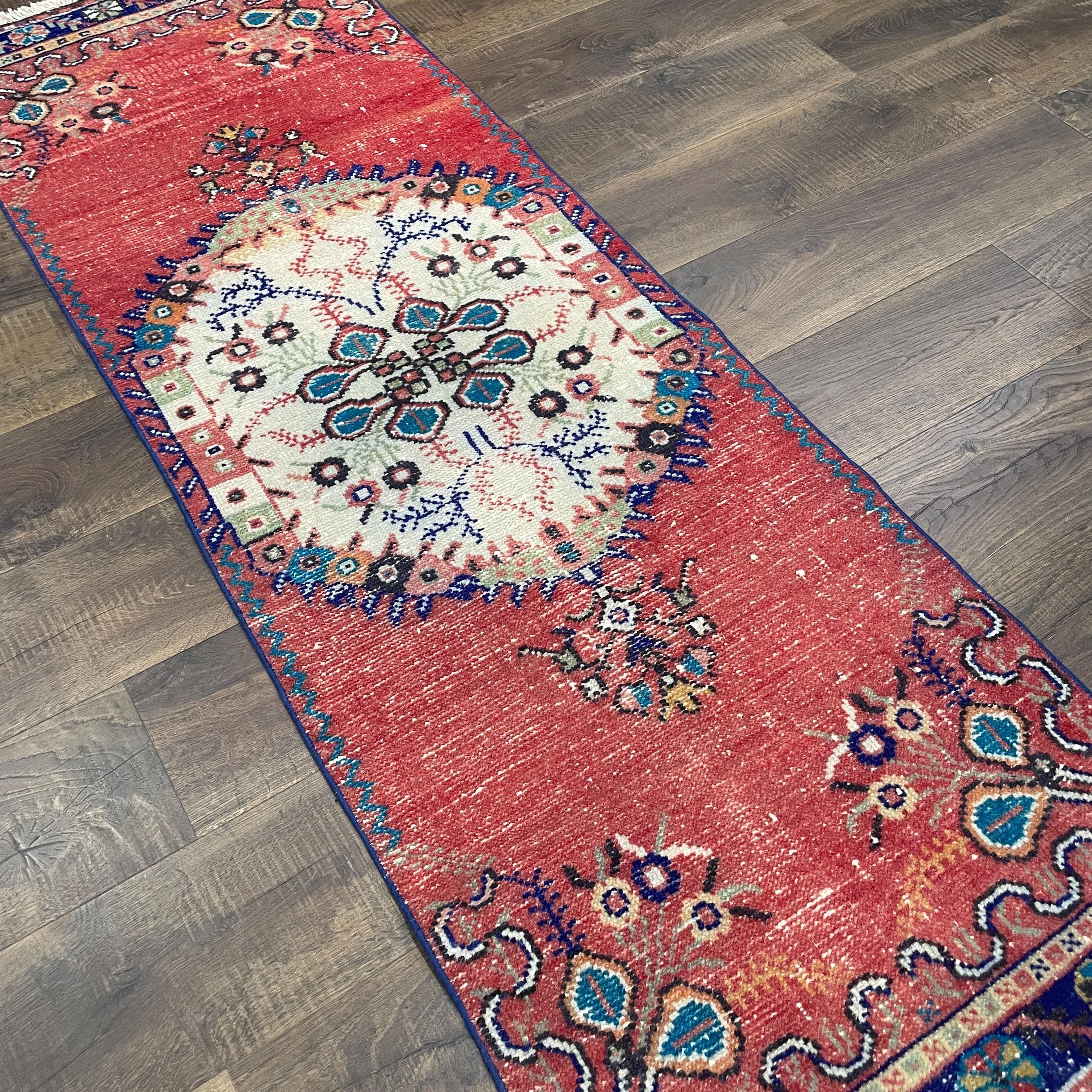Handmade Wool  2'3"x6'8" Runner Rug - Vibrant Red and Ivory Medallion Design Hallway Rug