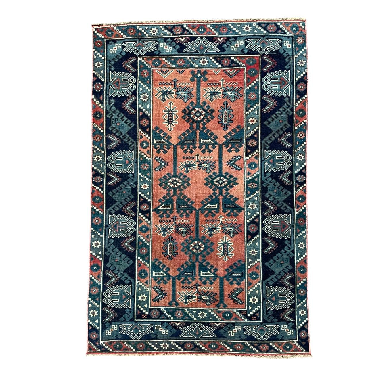 4'x6' Handmade Wool Tribal Area Rug - Boho Blue and Terracotta Geometric Pattern