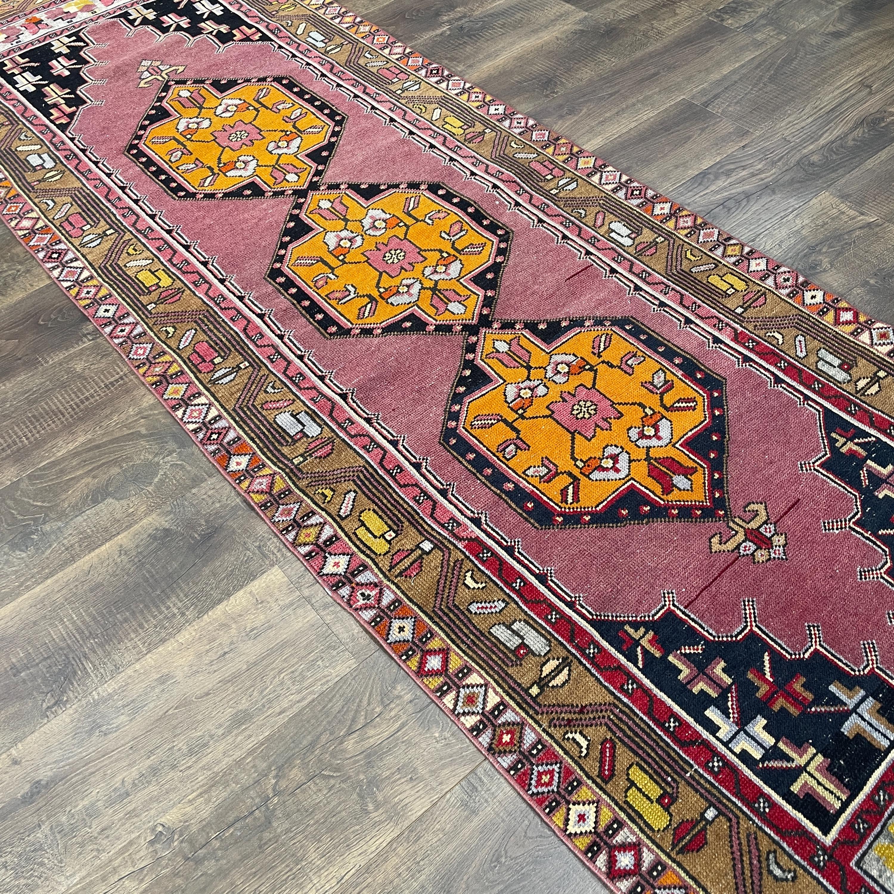 Handmade Wool Runner Rug - 3'1"x9'4" Boho Pink and Yellow Geometric Long Hallway Rug