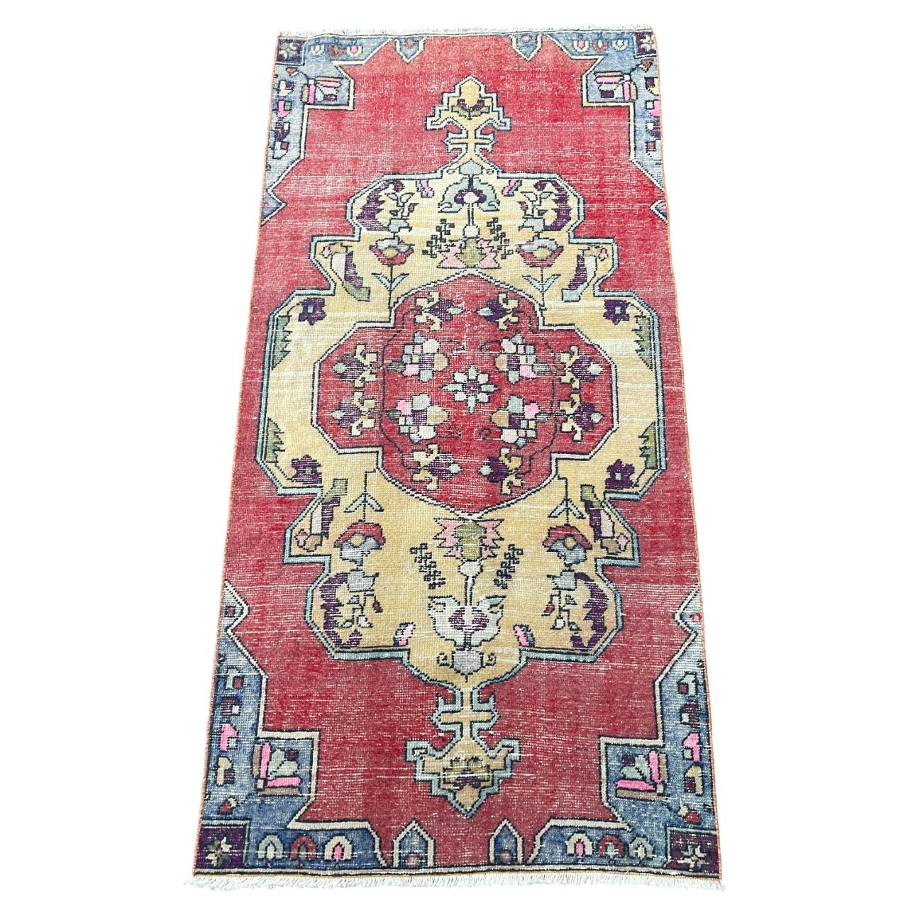 Handmade Wool Runner Rug: Red & Yellow Medallion Boho Rug (3'6"x7'4")