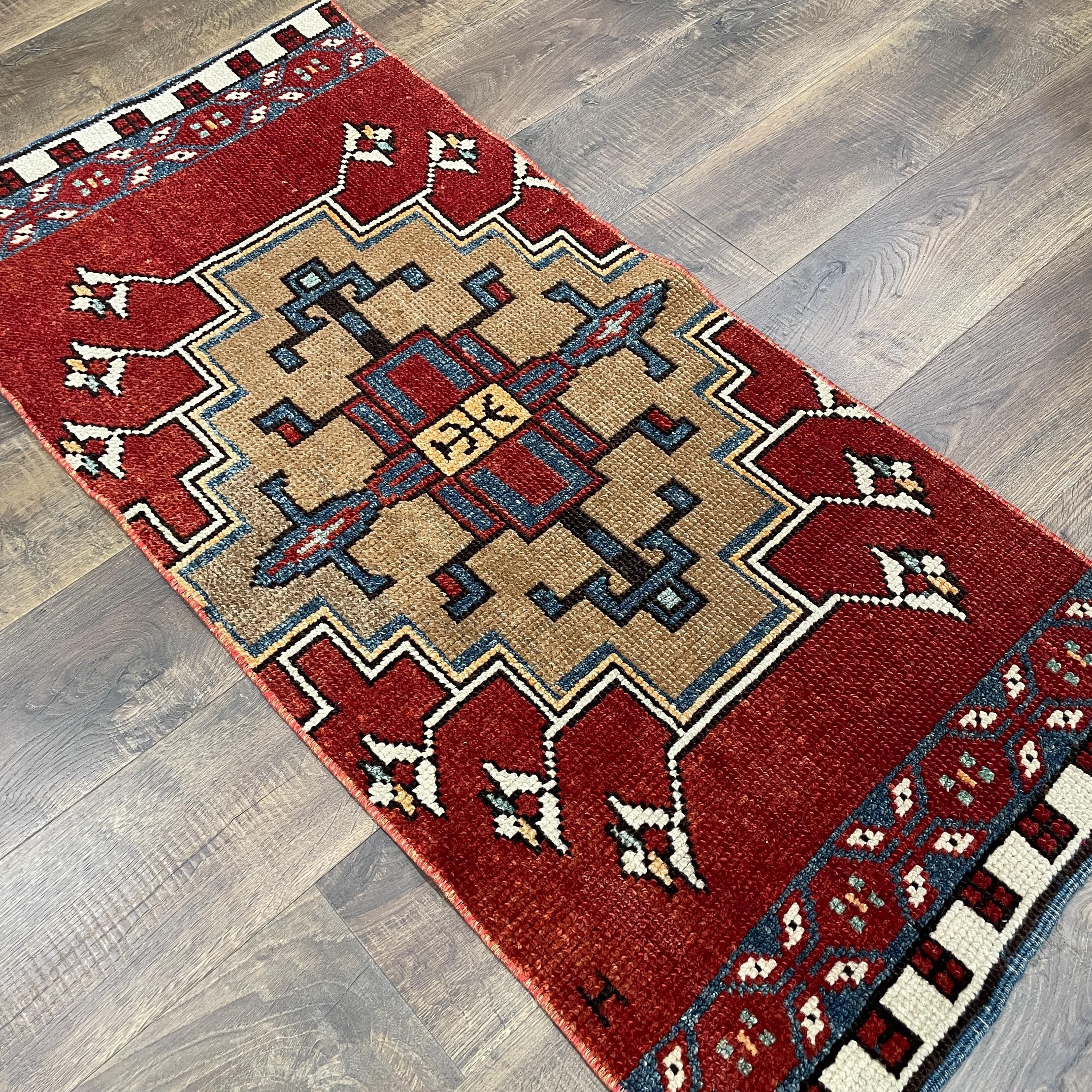 Hand-Knotted Wool Rug (2'1" x 4'6") - Vintage Turkish Tribal Geometric Accent