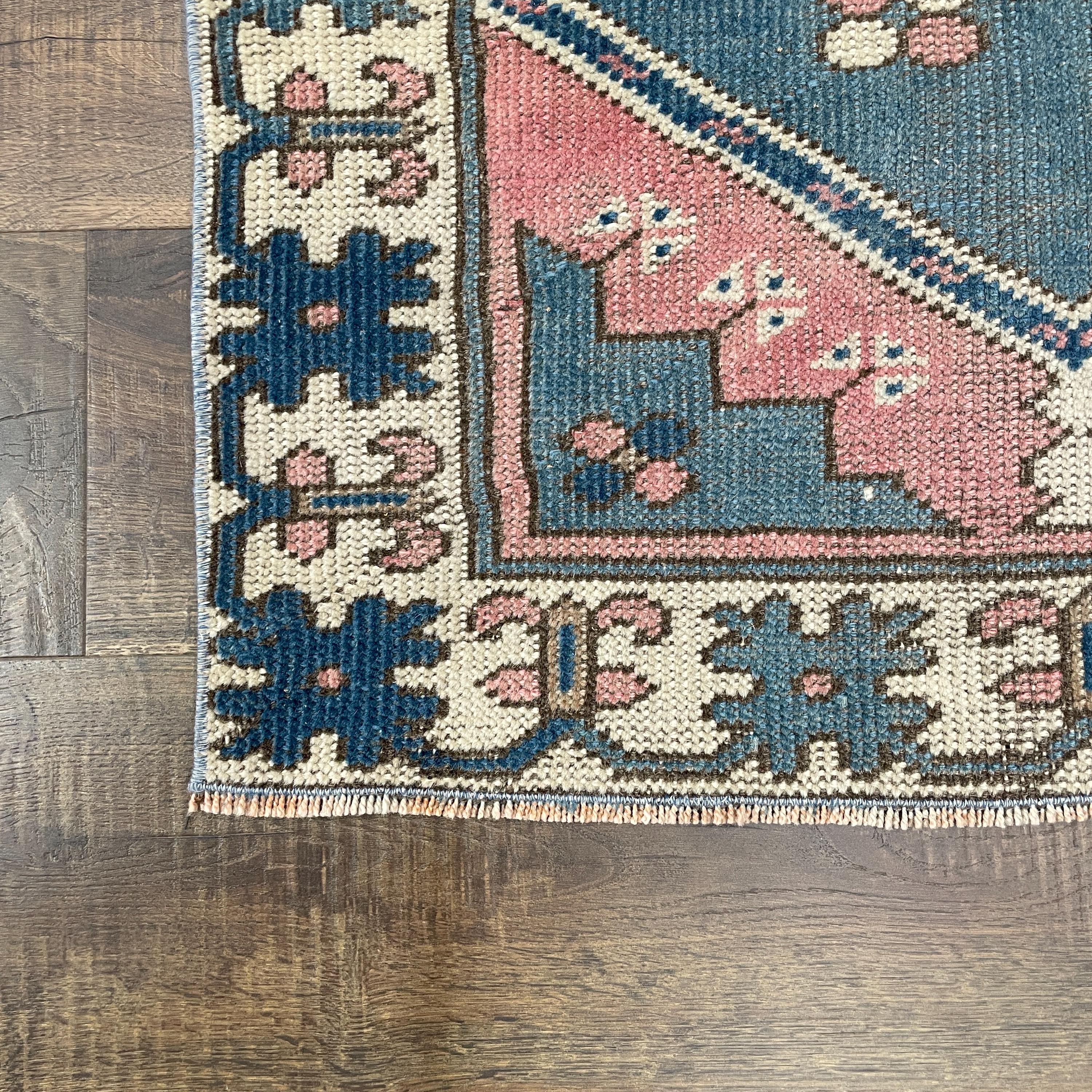 Hand-Knotted Turkish Wool Rug: 2'7" x 4'5" Blue & Pink Vintage Boho Carpet