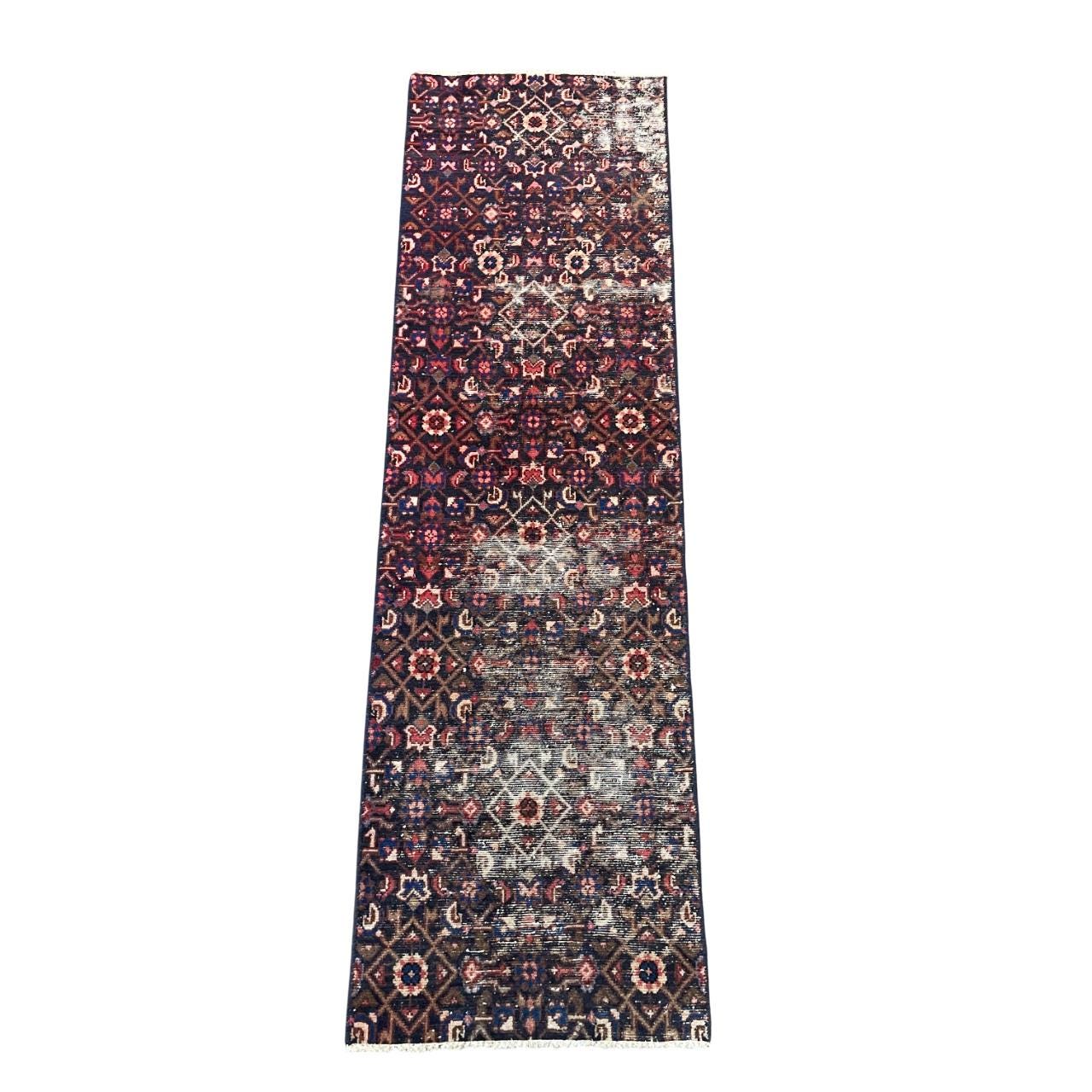 2'2"x7'6" Handmade Wool Runner Rug - Vintage Persian-Inspired Navy and Red Hallway Runner