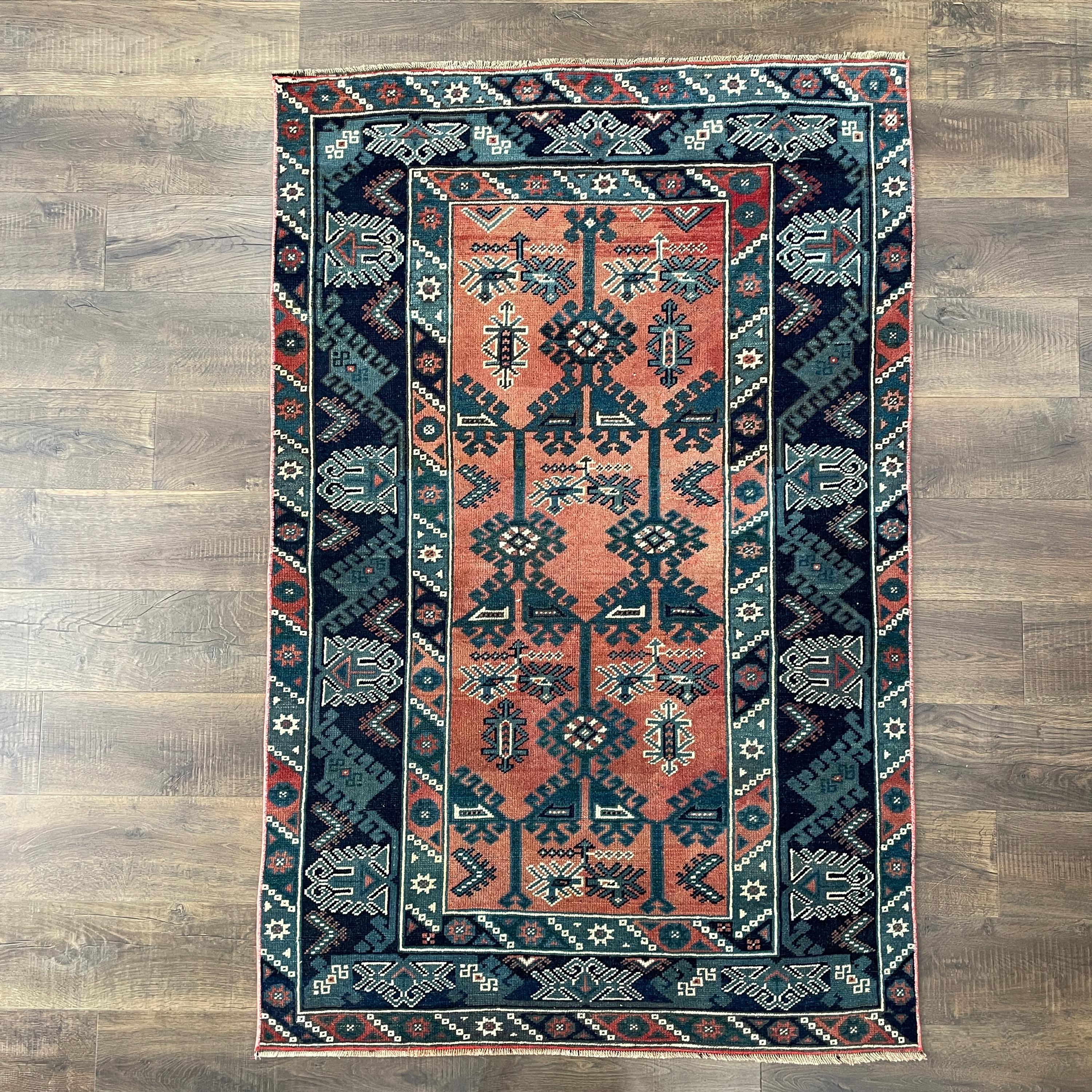 4'x6' Handmade Wool Tribal Area Rug - Boho Blue and Terracotta Geometric Pattern