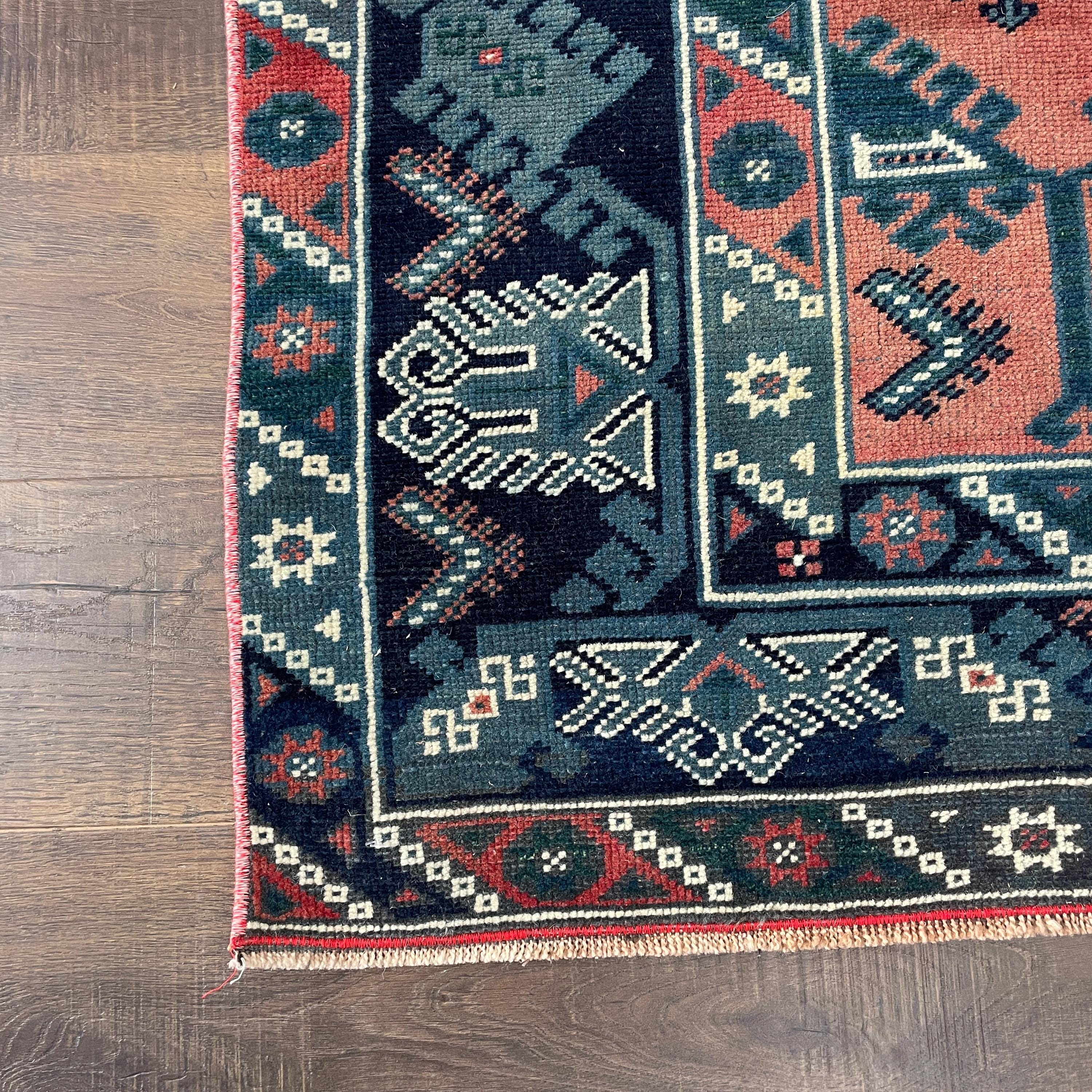 4'x6' Handmade Wool Tribal Area Rug - Boho Blue and Terracotta Geometric Pattern