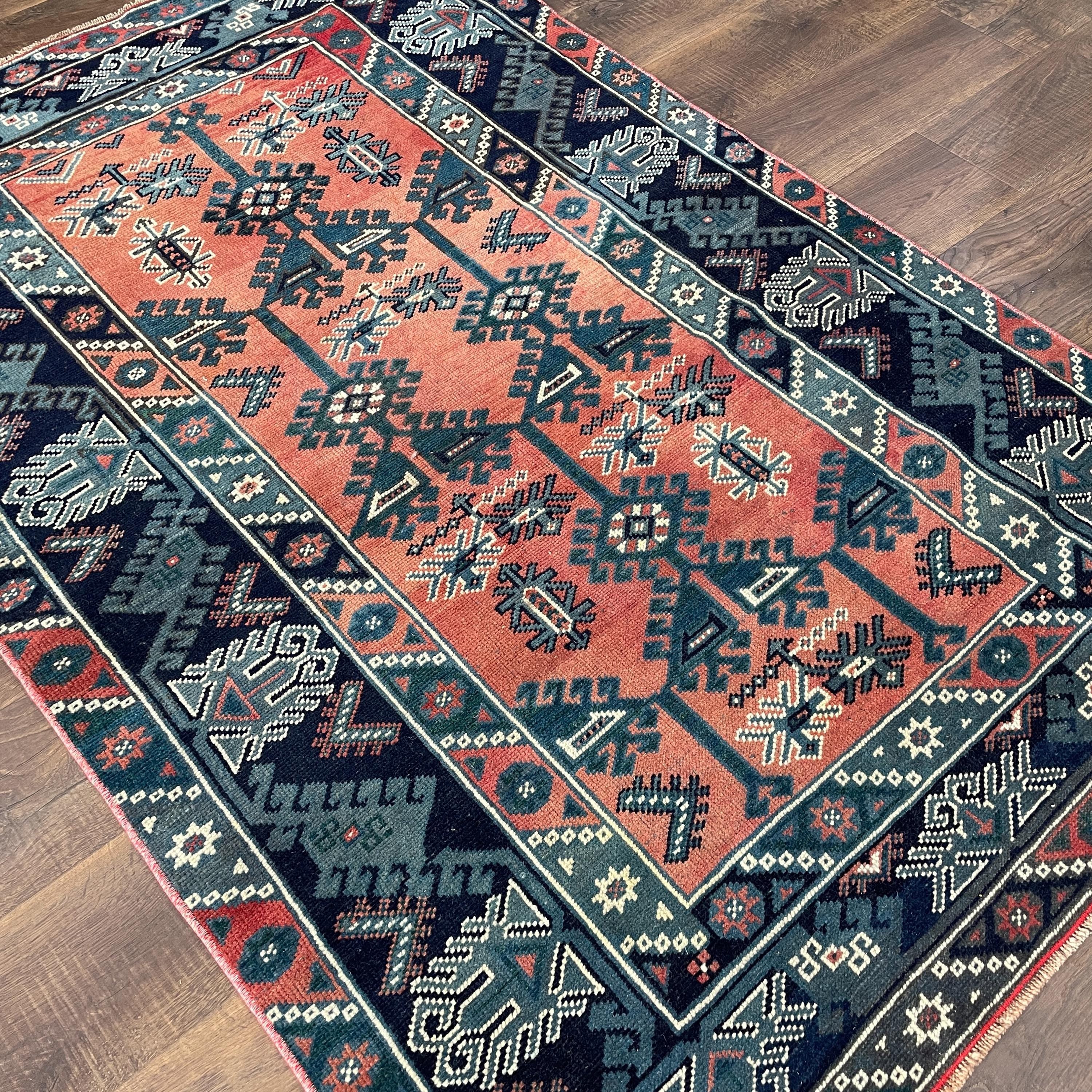 4'x6' Handmade Wool Tribal Area Rug - Boho Blue and Terracotta Geometric Pattern