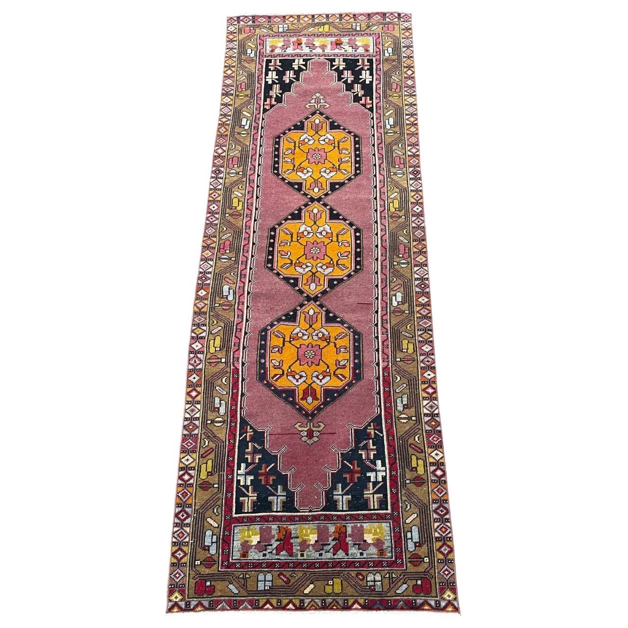 Handmade Wool Runner Rug - 3'1"x9'4" Boho Pink and Yellow Geometric Long Hallway Rug
