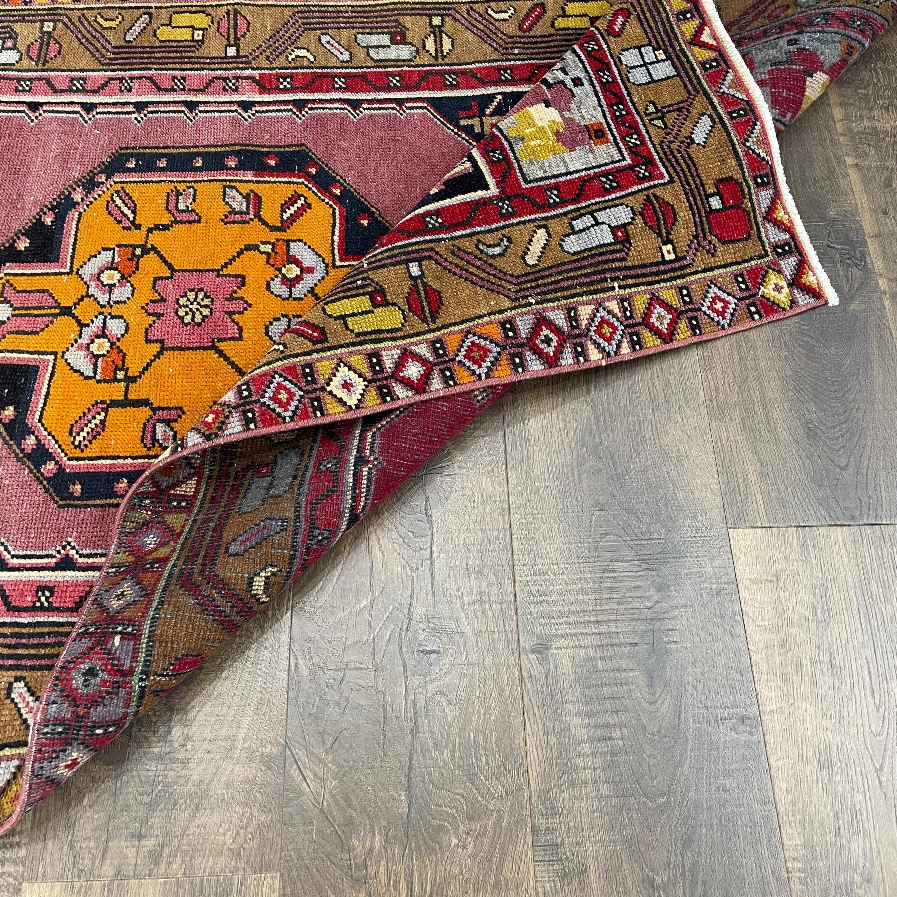 Handmade Wool Runner Rug - 3'1"x9'4" Boho Pink and Yellow Geometric Long Hallway Rug