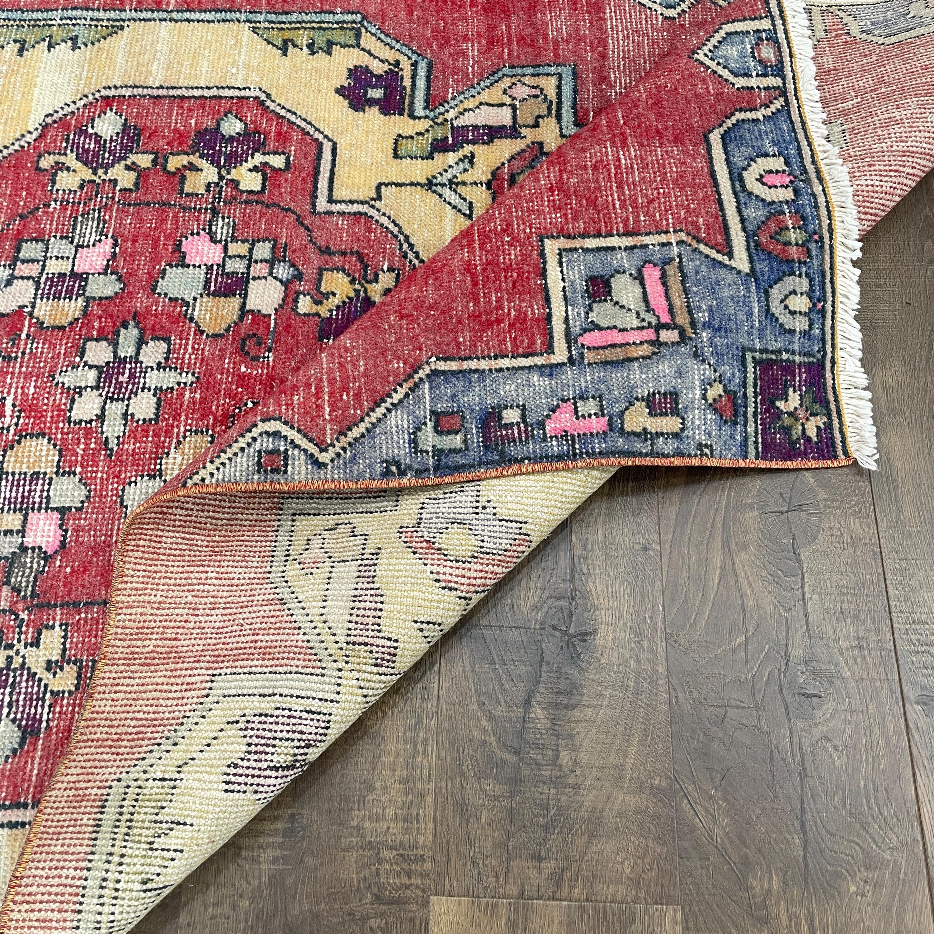 Handmade Wool Runner Rug: Red & Yellow Medallion Boho Rug (3'6"x7'4")