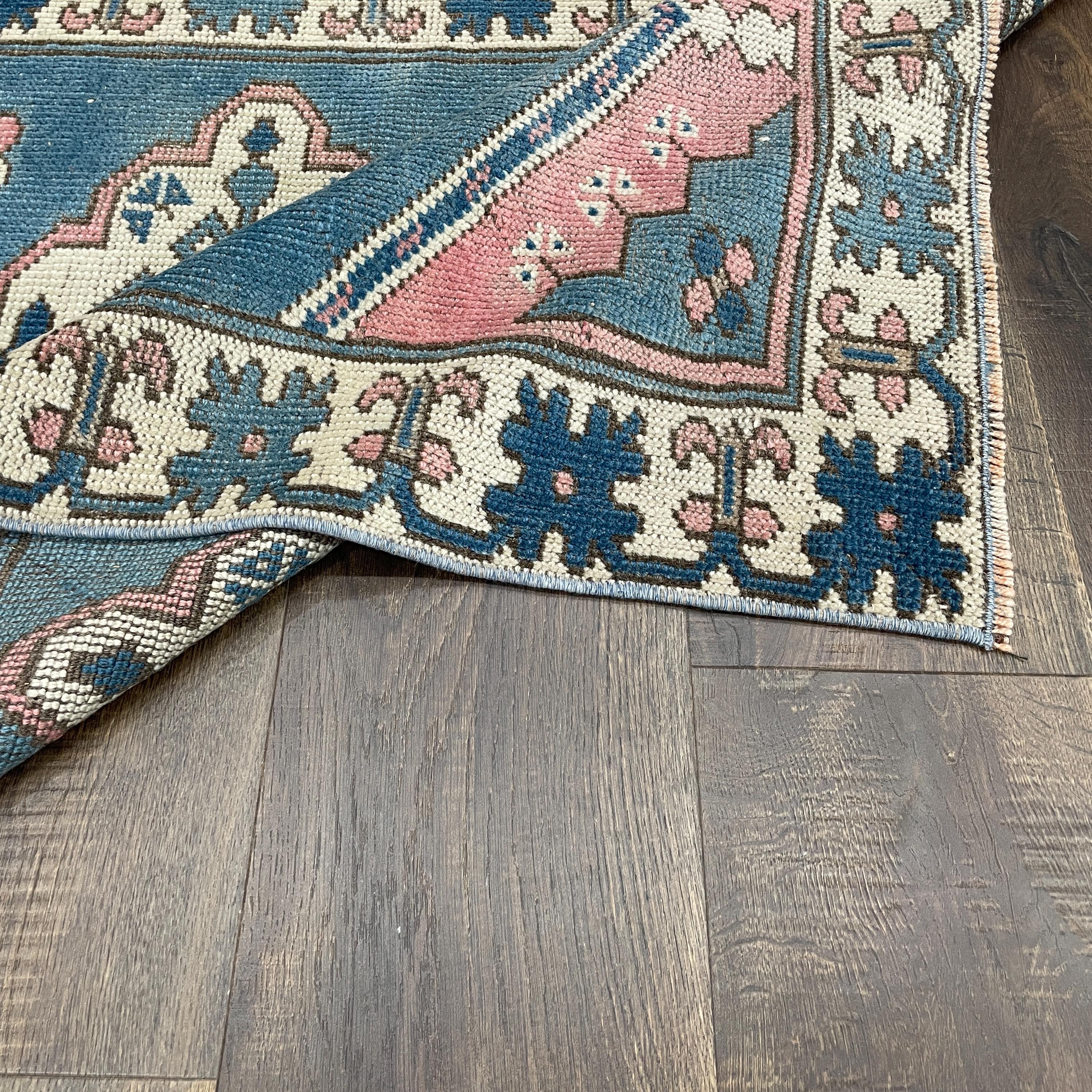 Hand-Knotted Turkish Wool Rug: 2'7" x 4'5" Blue & Pink Vintage Boho Carpet