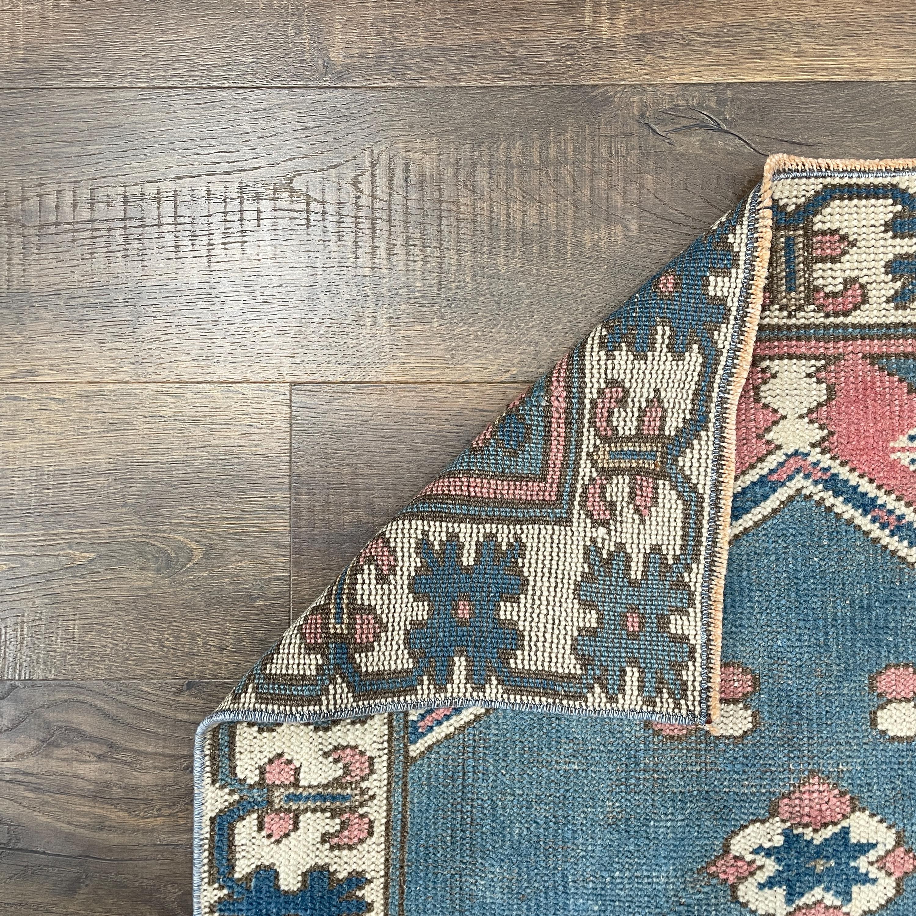 Hand-Knotted Turkish Wool Rug: 2'7" x 4'5" Blue & Pink Vintage Boho Carpet