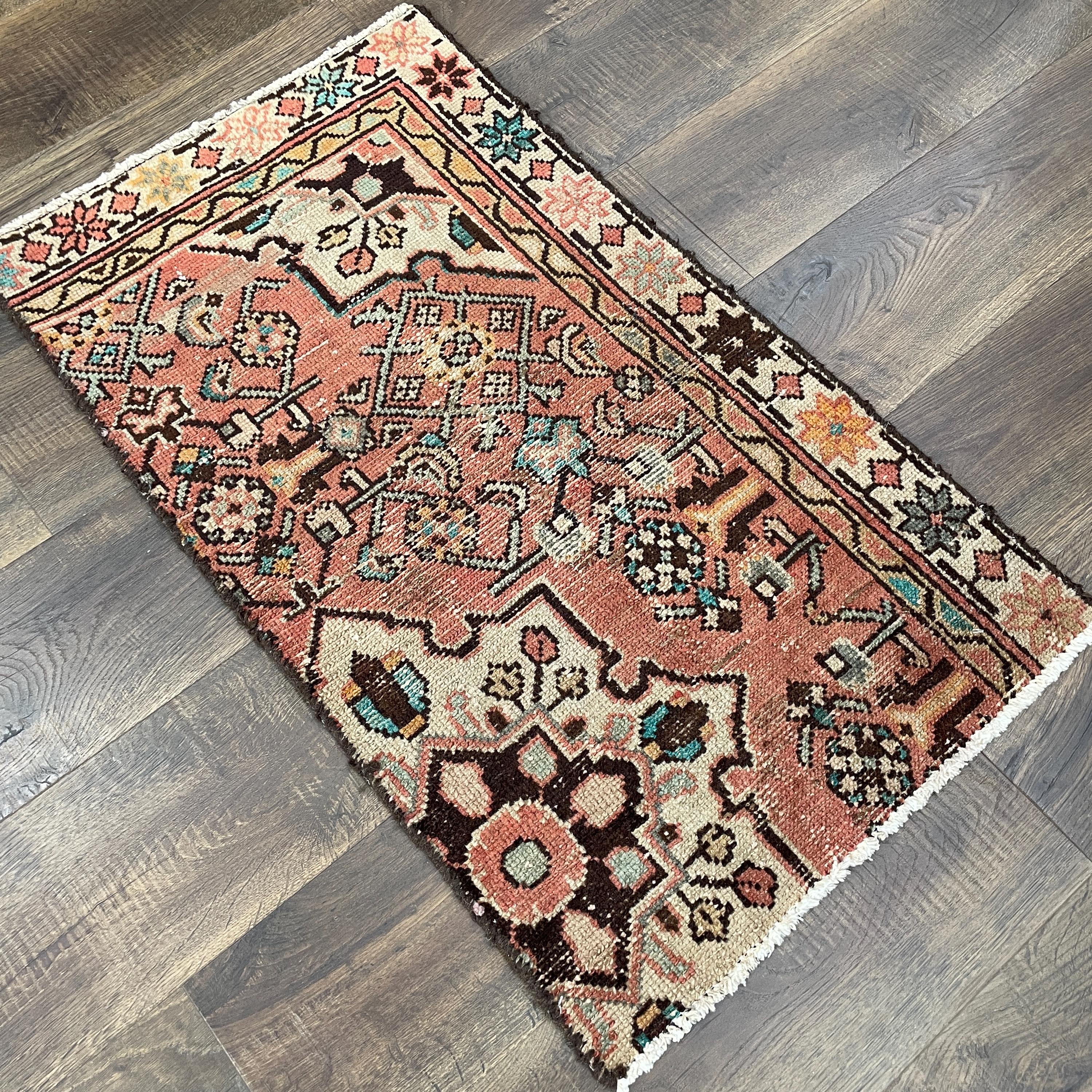 1'10" x 3' Handmade Turkish Wool Rug - Vintage Floral Area Rug | Pink Boho Carpet