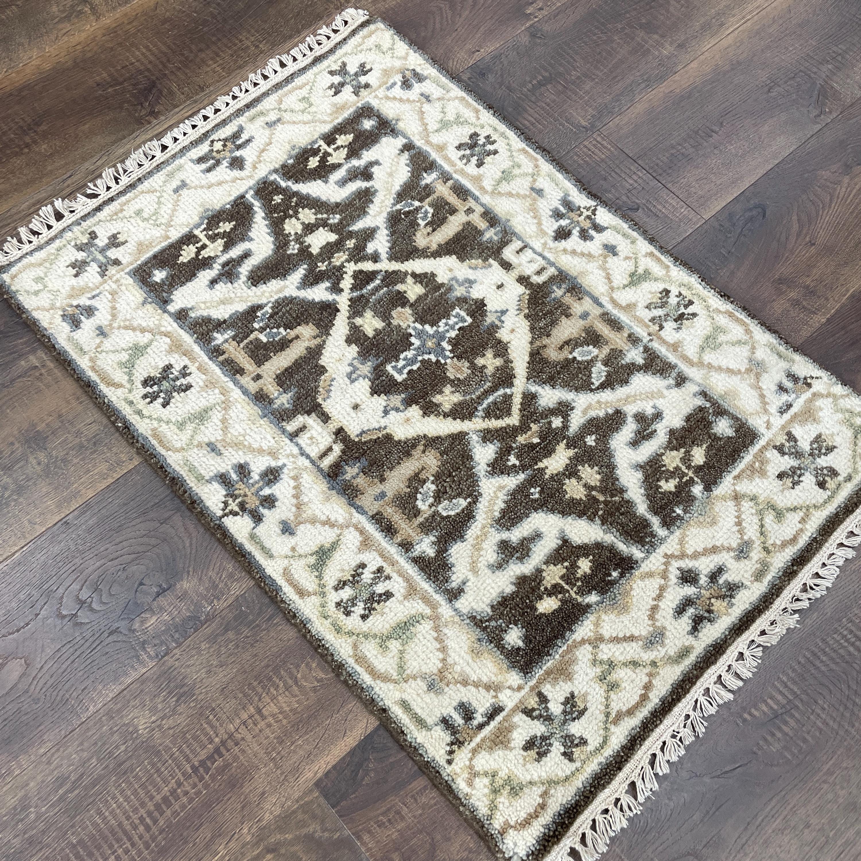 Handmade Turkish Wool Rug: Vintage Brown Medallion Area Rug (2' x 3')