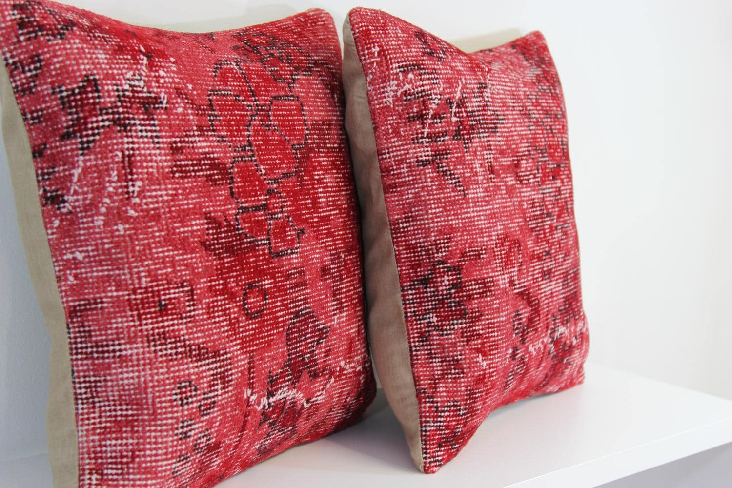 Red Wool Kilim Pillow Cover Set (2) - Vintage Turkish Over-Dyed 20x20