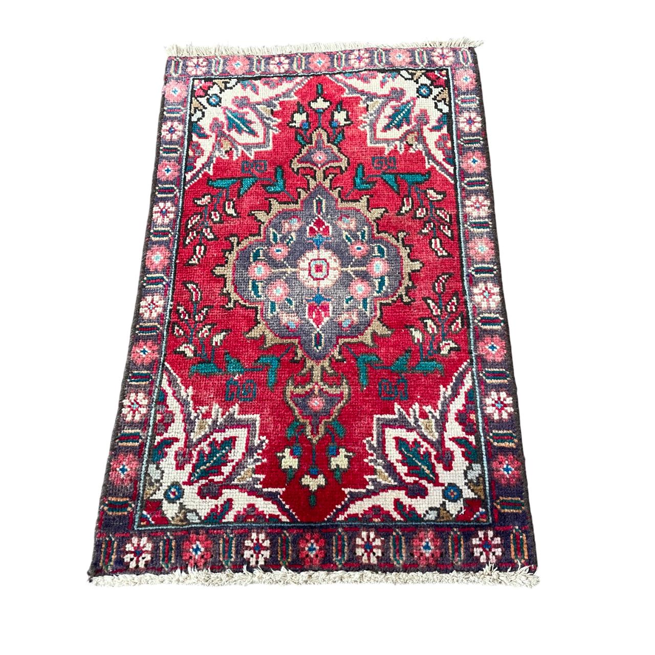 Handmade Turkish Wool Rug: Vintage Red Oriental Small Area Rug (1'8" x 2'8")