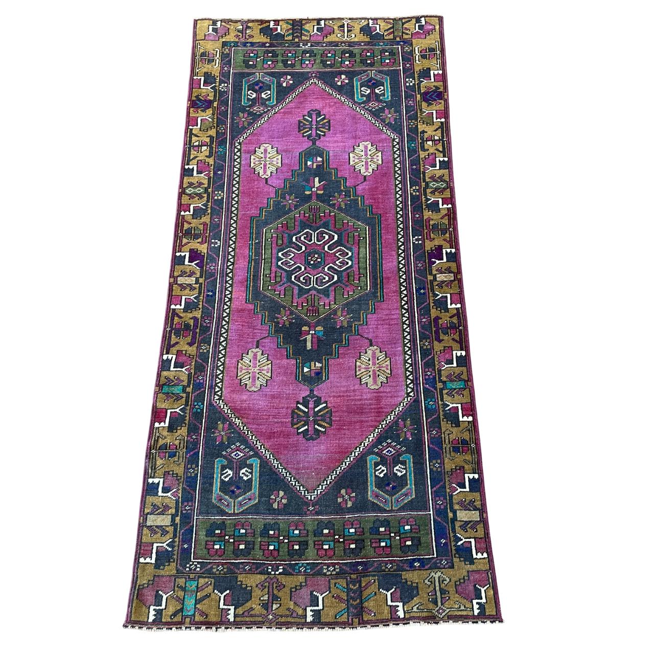 Handmade Turkish Wool Runner Rug: Vintage Pink Boho Hallway Rug (3'1" x 7')