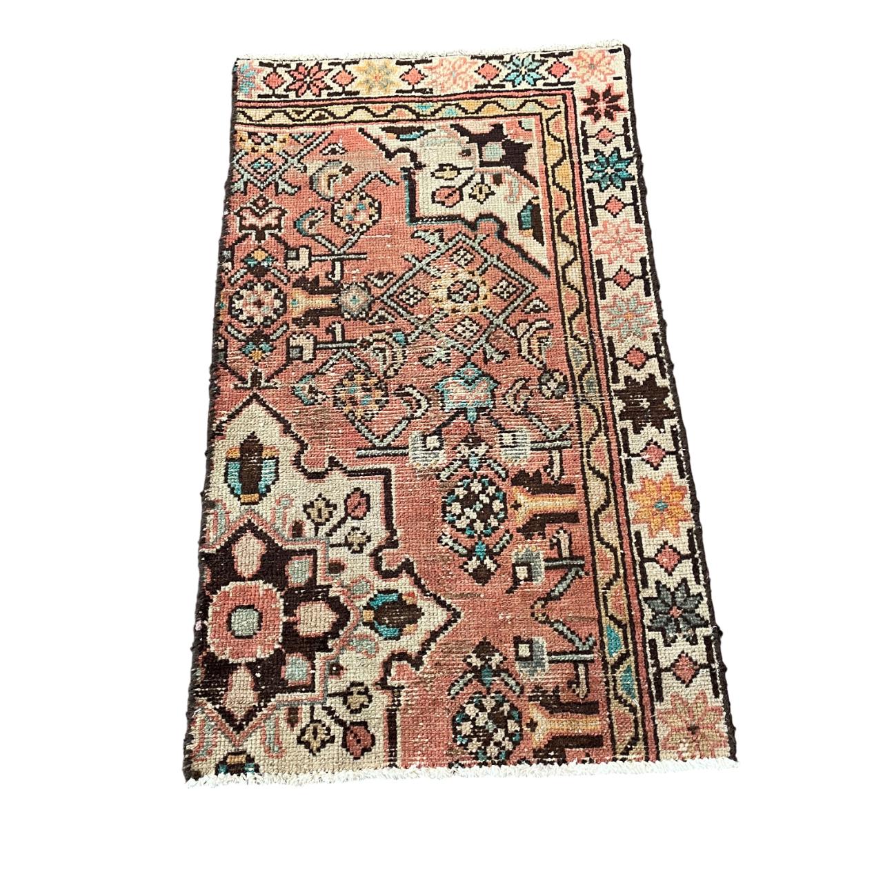 1'10" x 3' Handmade Turkish Wool Rug - Vintage Floral Area Rug | Pink Boho Carpet