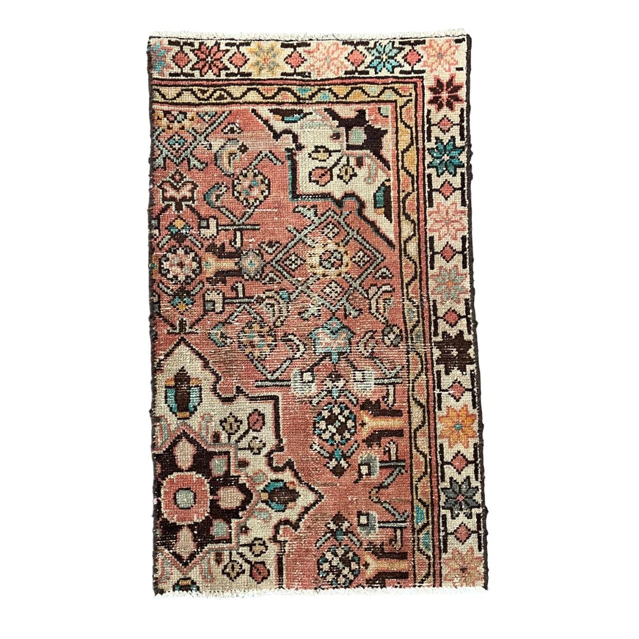 1'10" x 3' Handmade Turkish Wool Rug - Vintage Floral Area Rug | Pink Boho Carpet