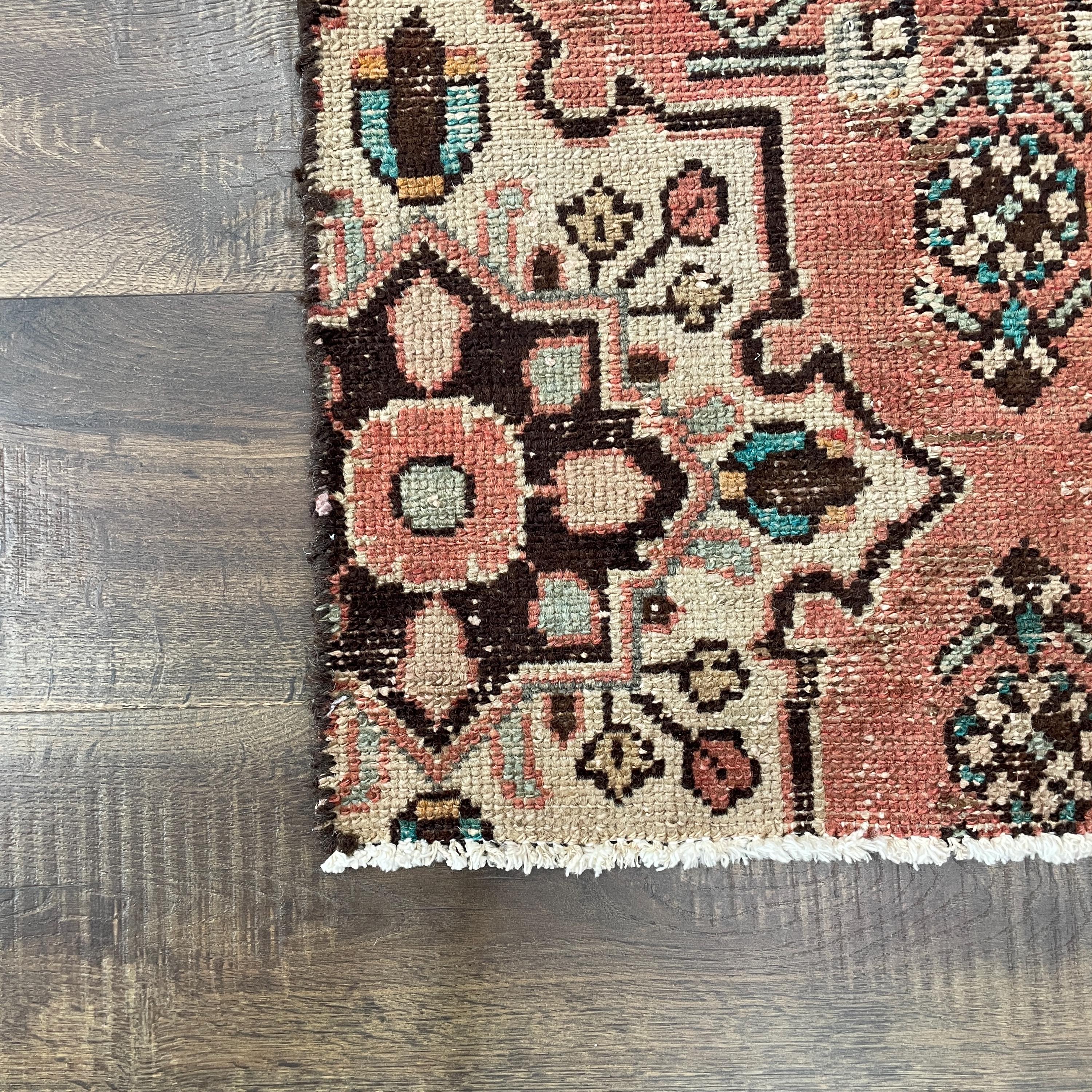 1'10" x 3' Handmade Turkish Wool Rug - Vintage Floral Area Rug | Pink Boho Carpet