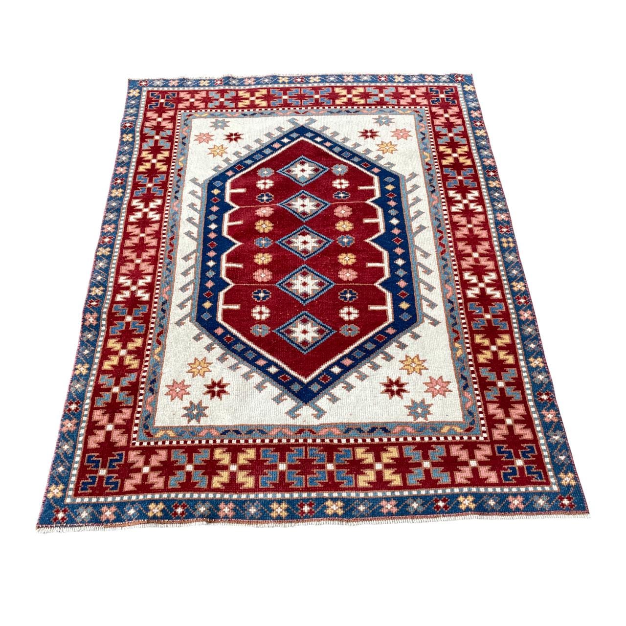 Handmade Turkish Wool Rug: Vintage Red Geometric Medallion