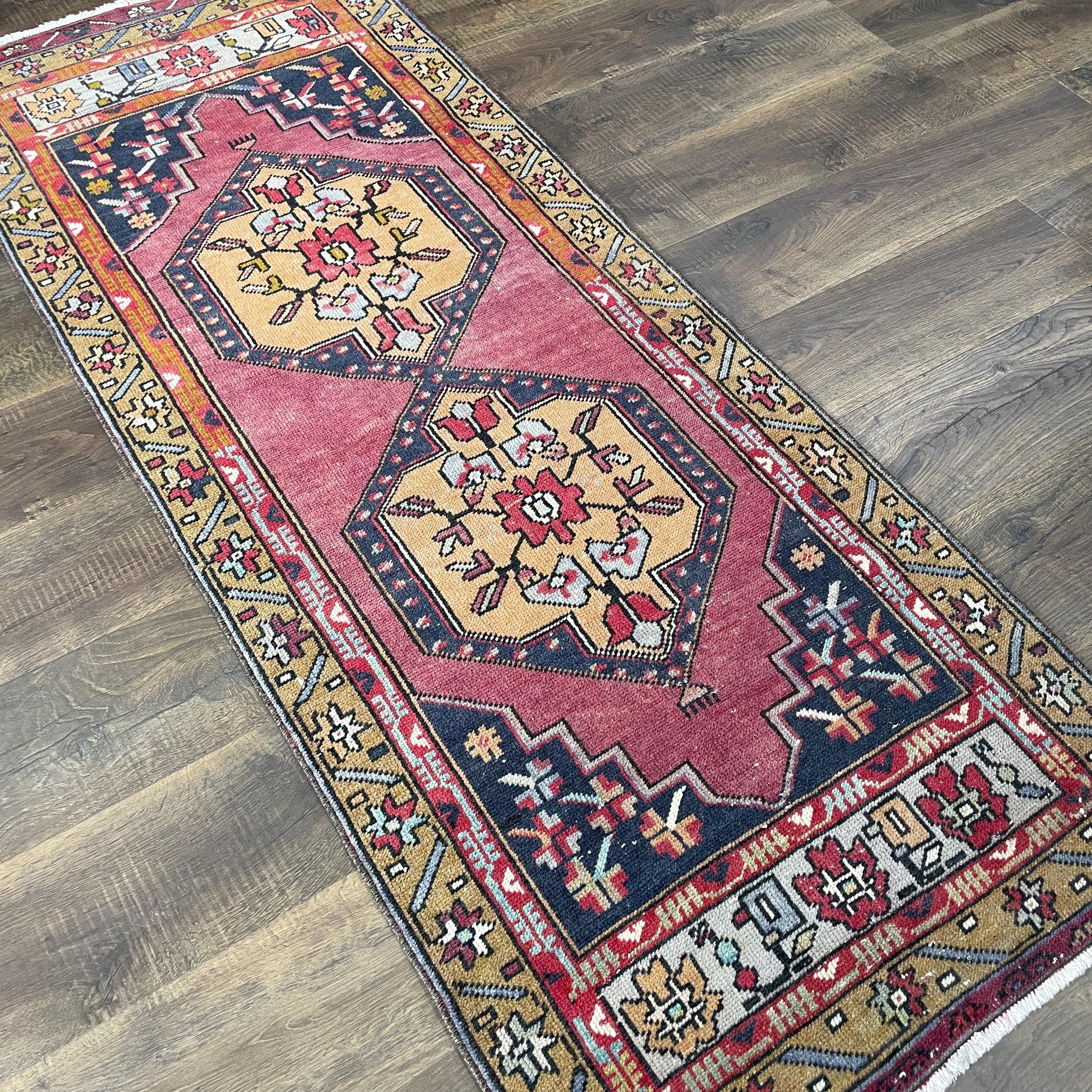 Handmade Turkish Wool Runner Rug: Vintage Medallion Boho Hallway Rug