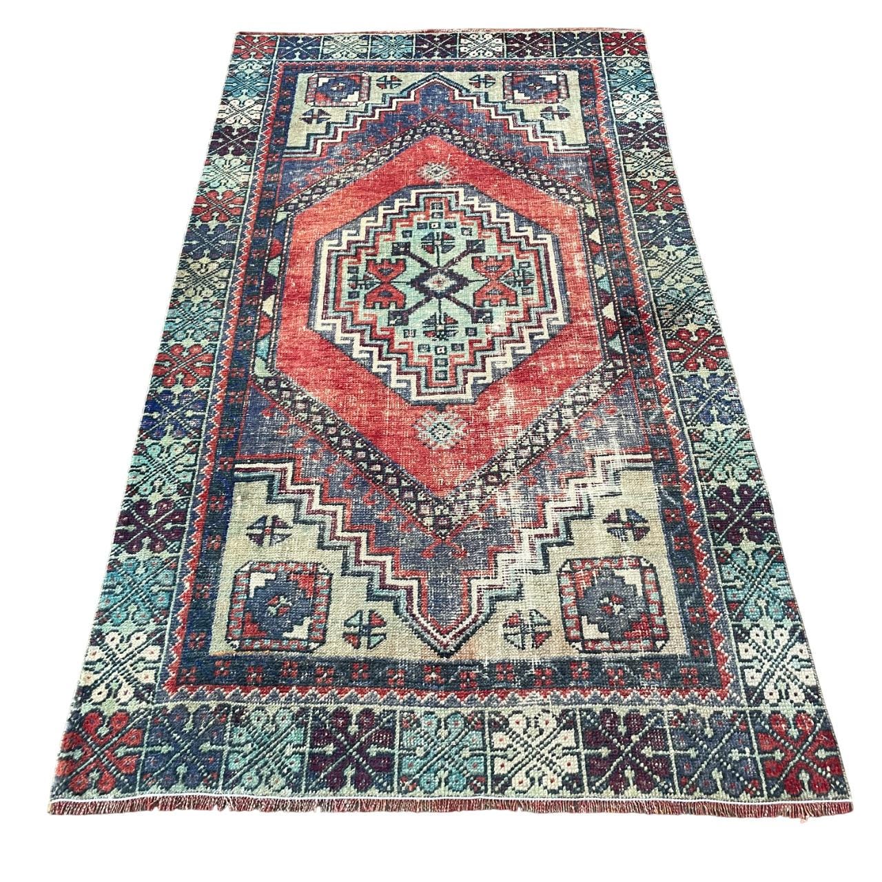 Handmade Turkish Wool Hallway Rug: Vintage Tribal Geometric Design