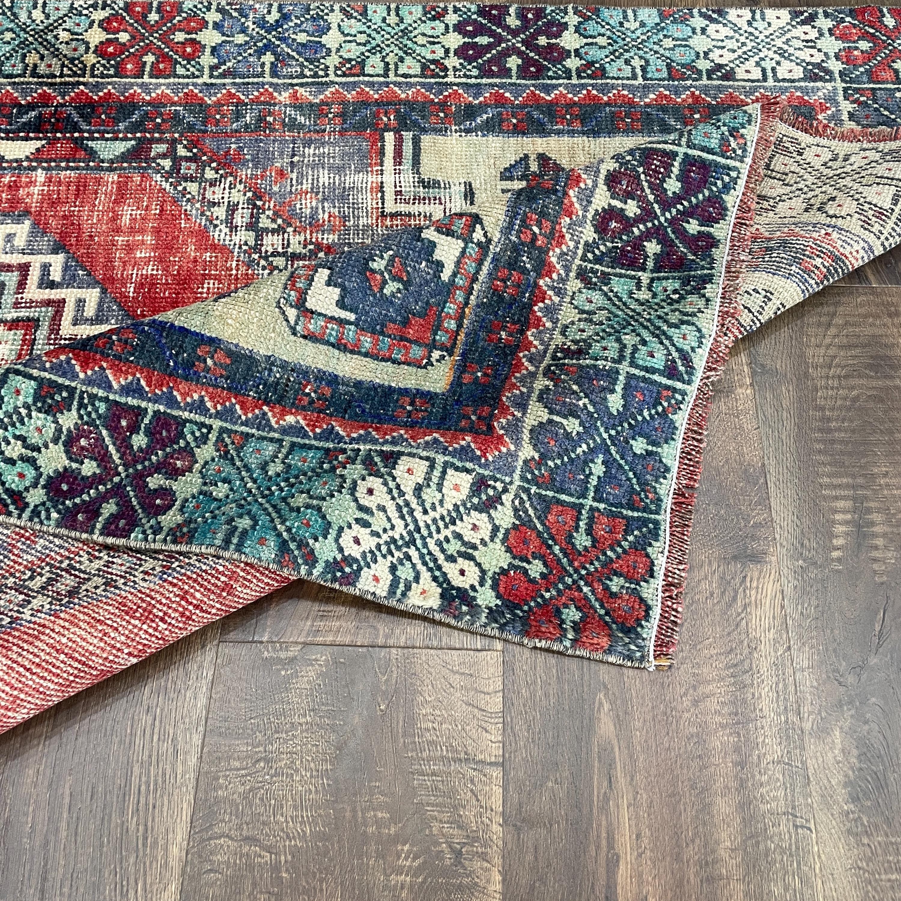 Handmade Turkish Wool Hallway Rug: Vintage Tribal Geometric Design