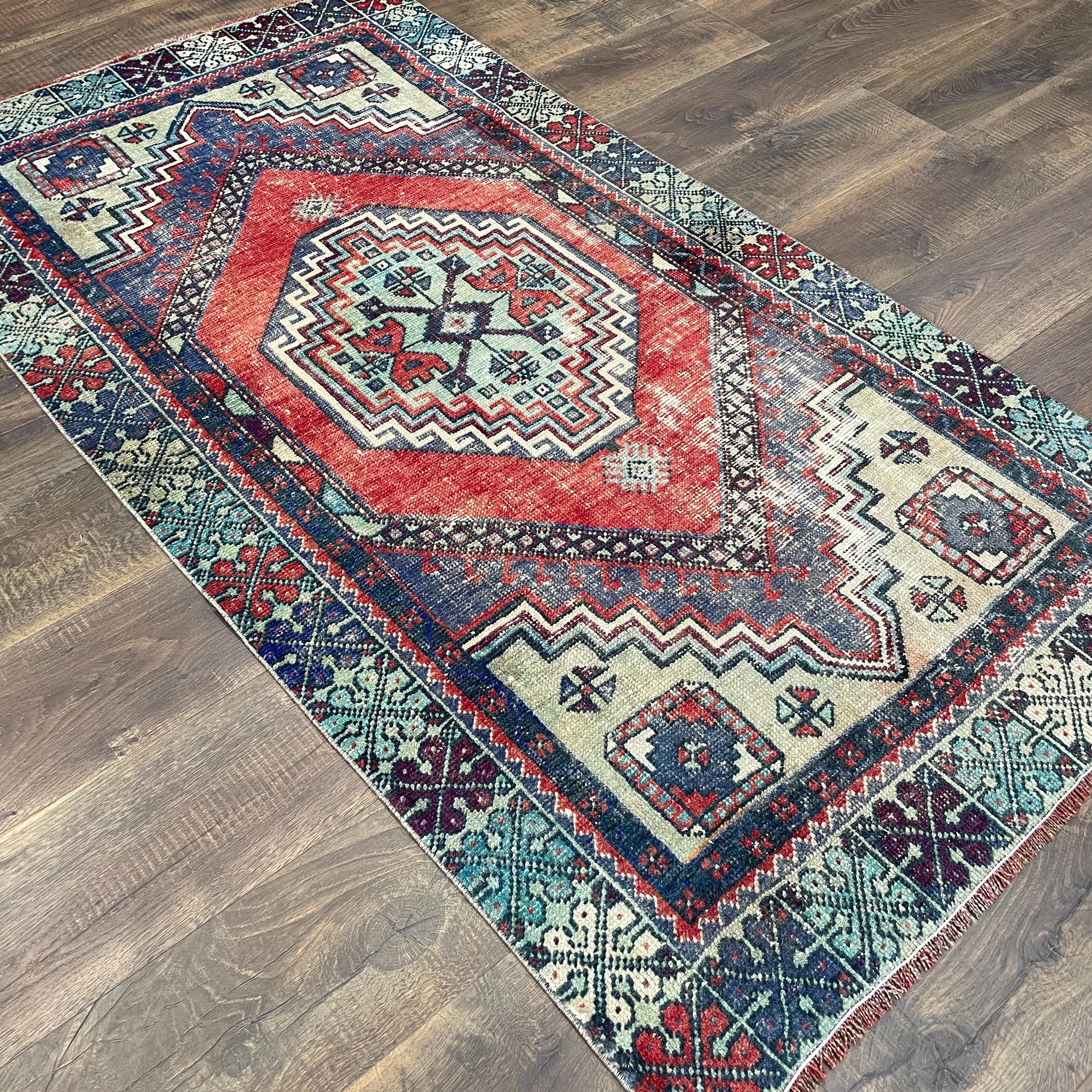Handmade Turkish Wool Hallway Rug: Vintage Tribal Geometric Design