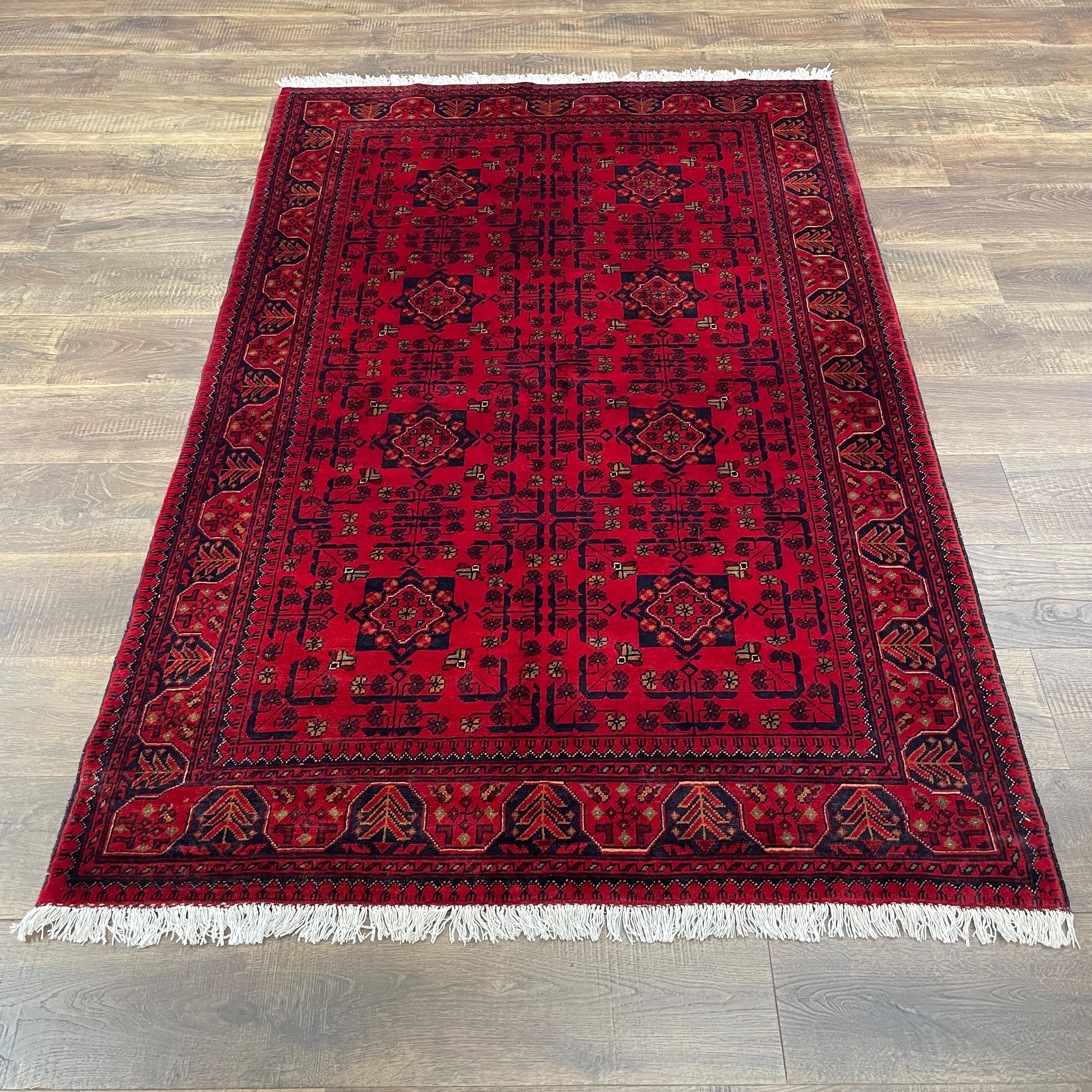 Handmade Red Wool Tribal Rug - 4'3" x 6'5" Boho Area Rug