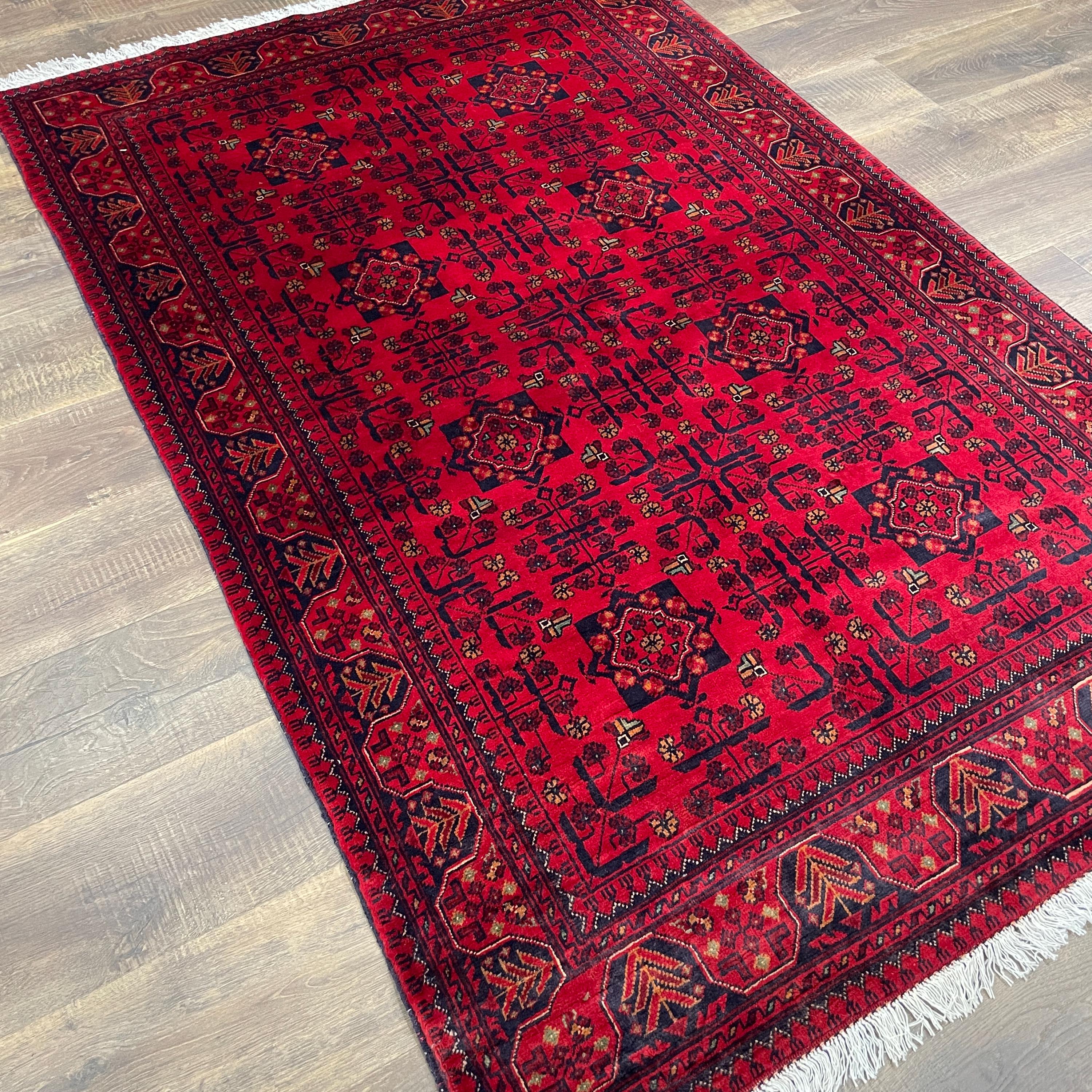 Handmade Red Wool Tribal Rug - 4'3" x 6'5" Boho Area Rug