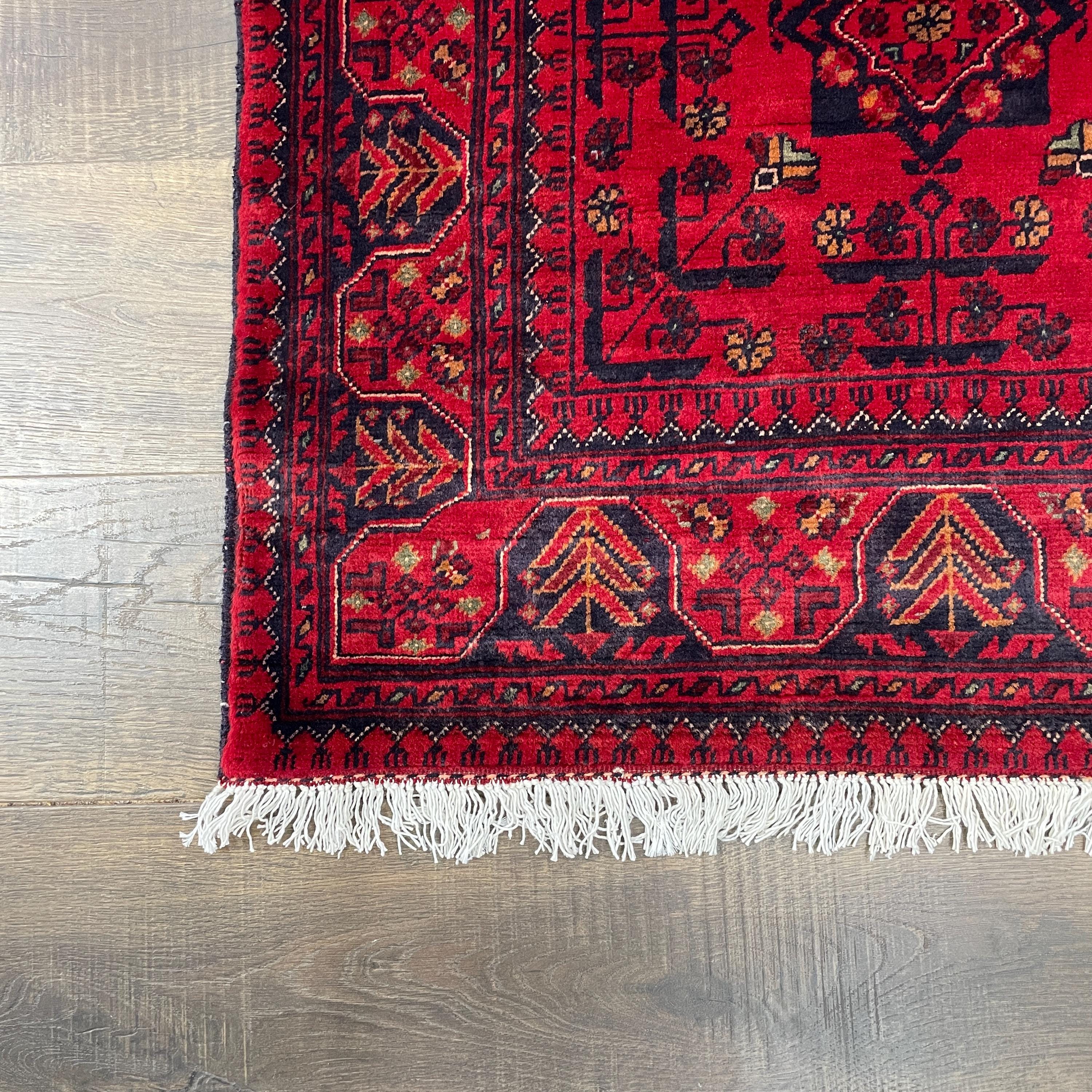 Handmade Red Wool Tribal Rug - 4'3" x 6'5" Boho Area Rug