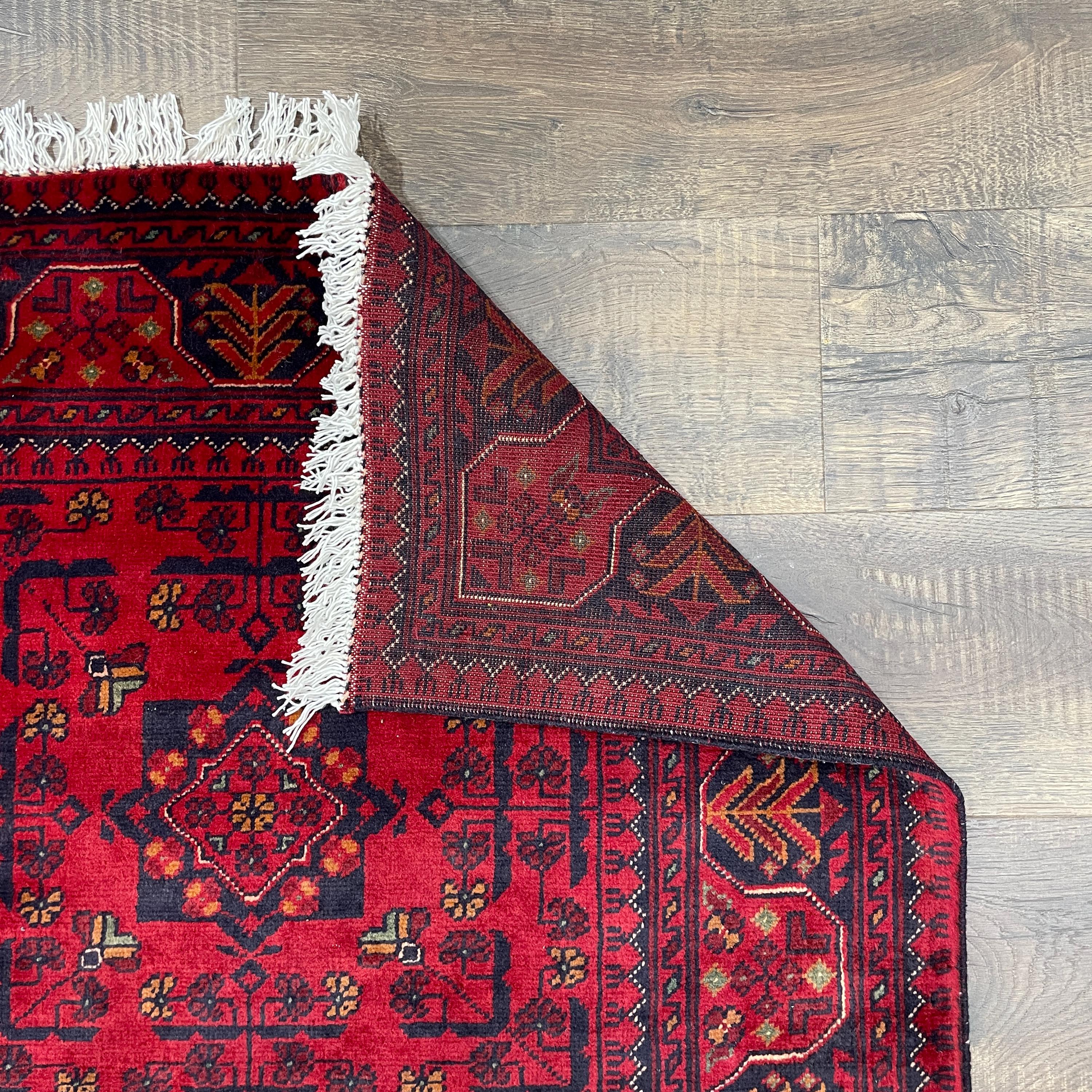 Handmade Red Wool Tribal Rug - 4'3" x 6'5" Boho Area Rug