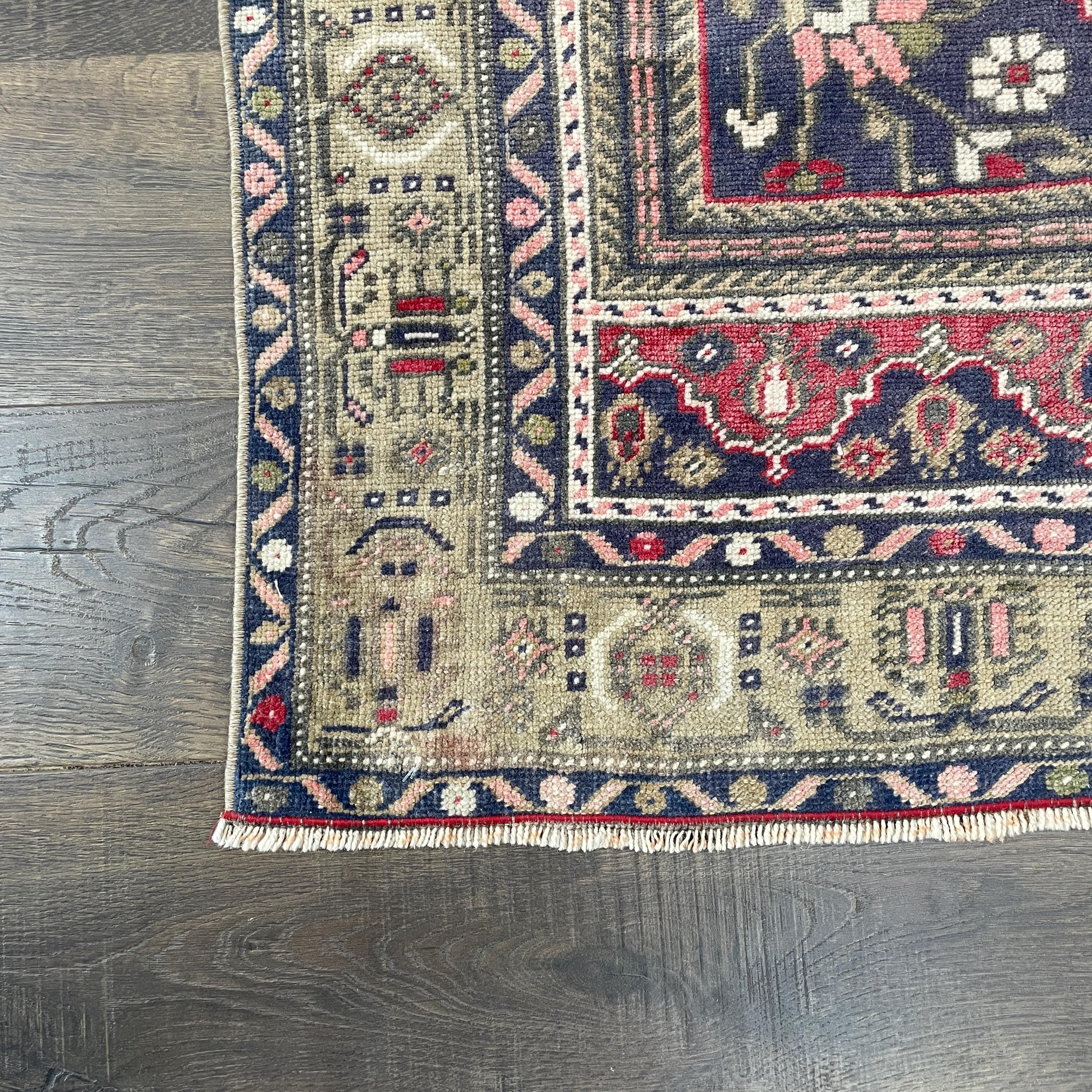Vintage Turkish Wool Rug: 3'8" x 6'1", Pink & Navy Medallion