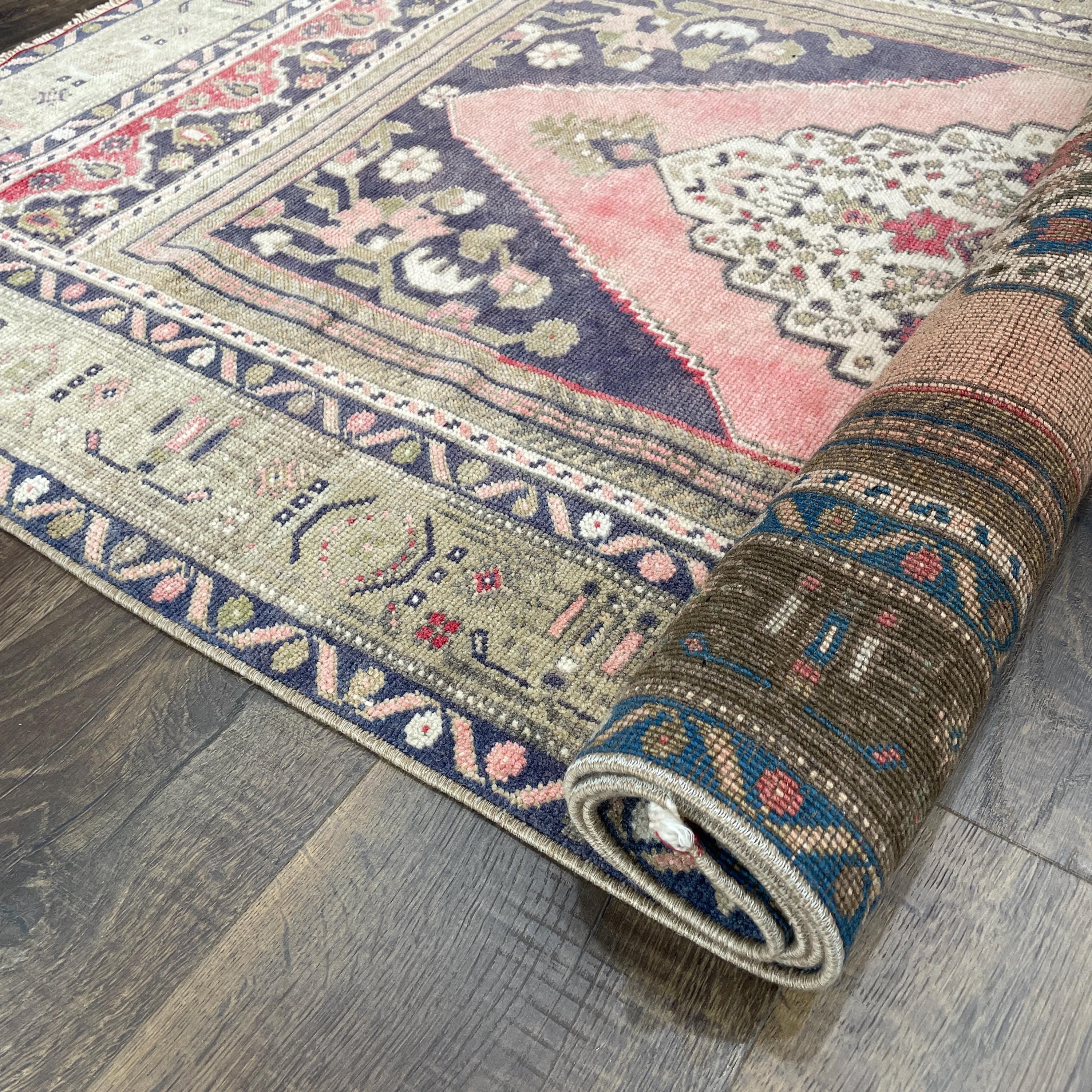 Vintage Turkish Wool Rug: 3'8" x 6'1", Pink & Navy Medallion