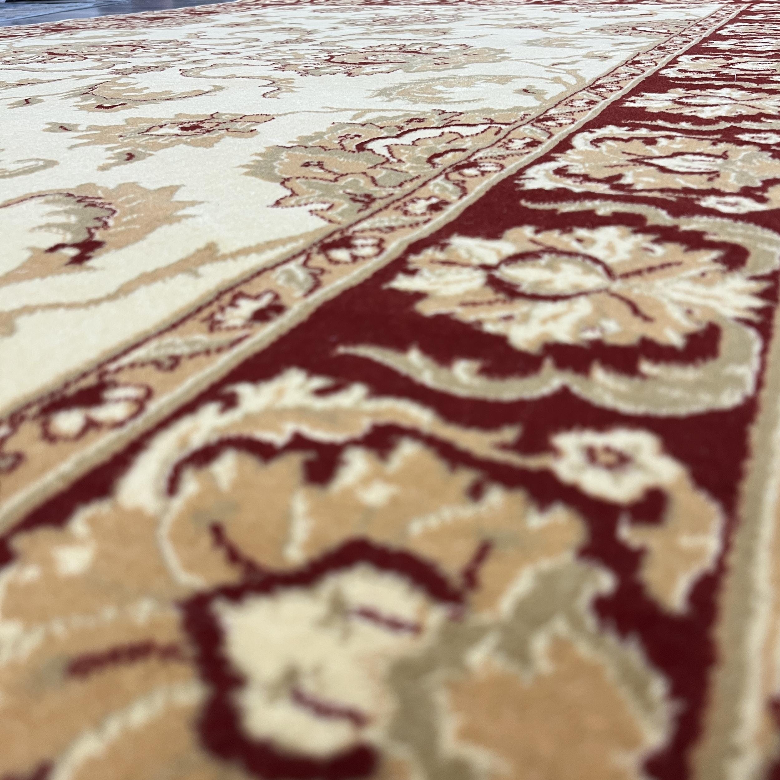 Beige & Burgundy Wool Rug: Traditional Turkish Oushak Floral (5'x7'6")
