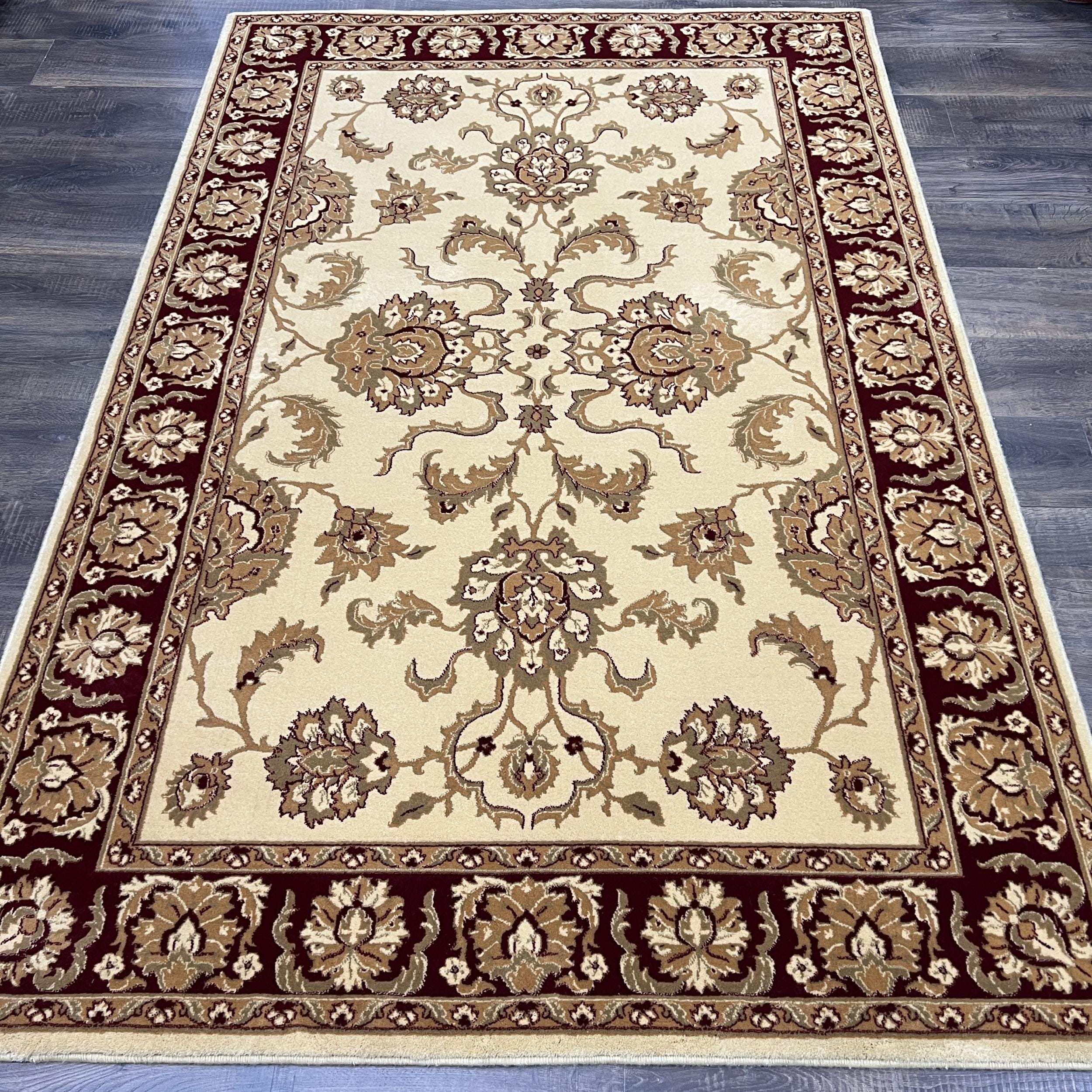 Beige & Burgundy Wool Rug: Traditional Turkish Oushak Floral (5'x7'6")