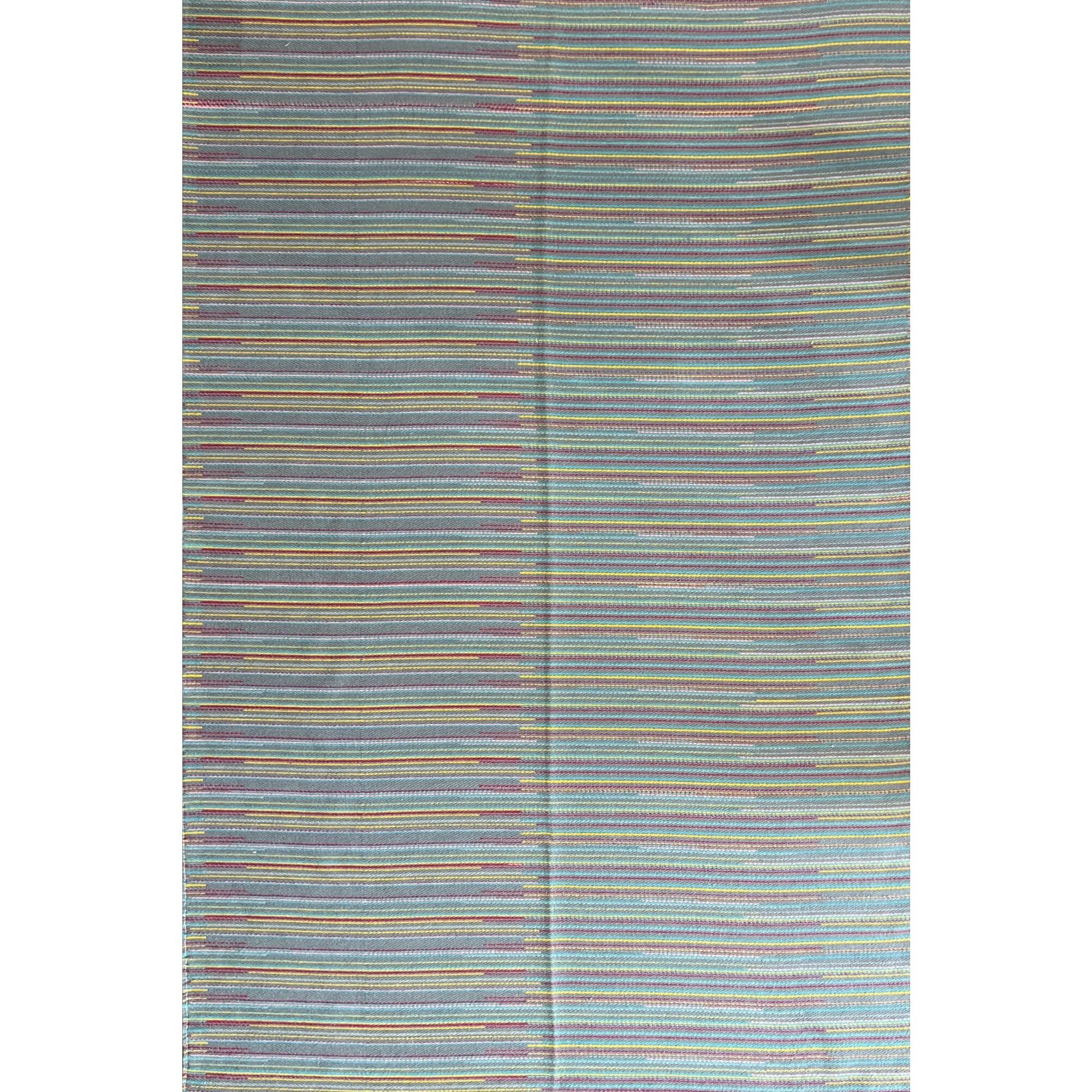 2'7"x8' Blue Turkish Kilim Runner – Colorful Wool Flat-Weave Rug with Bohemian Striped Pattern