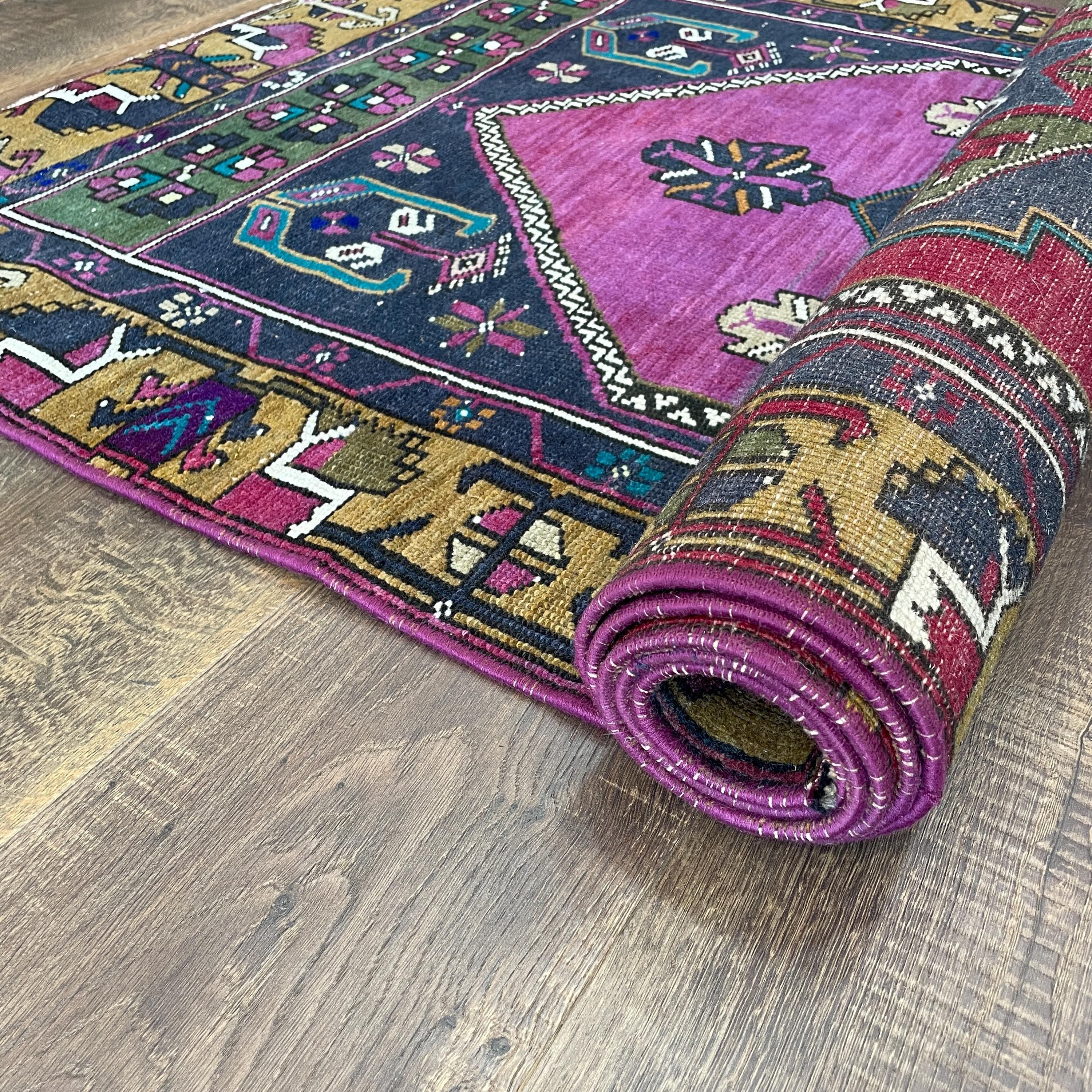 Handmade Turkish Wool Runner Rug: Vintage Pink Boho Hallway Rug (3'1" x 7')