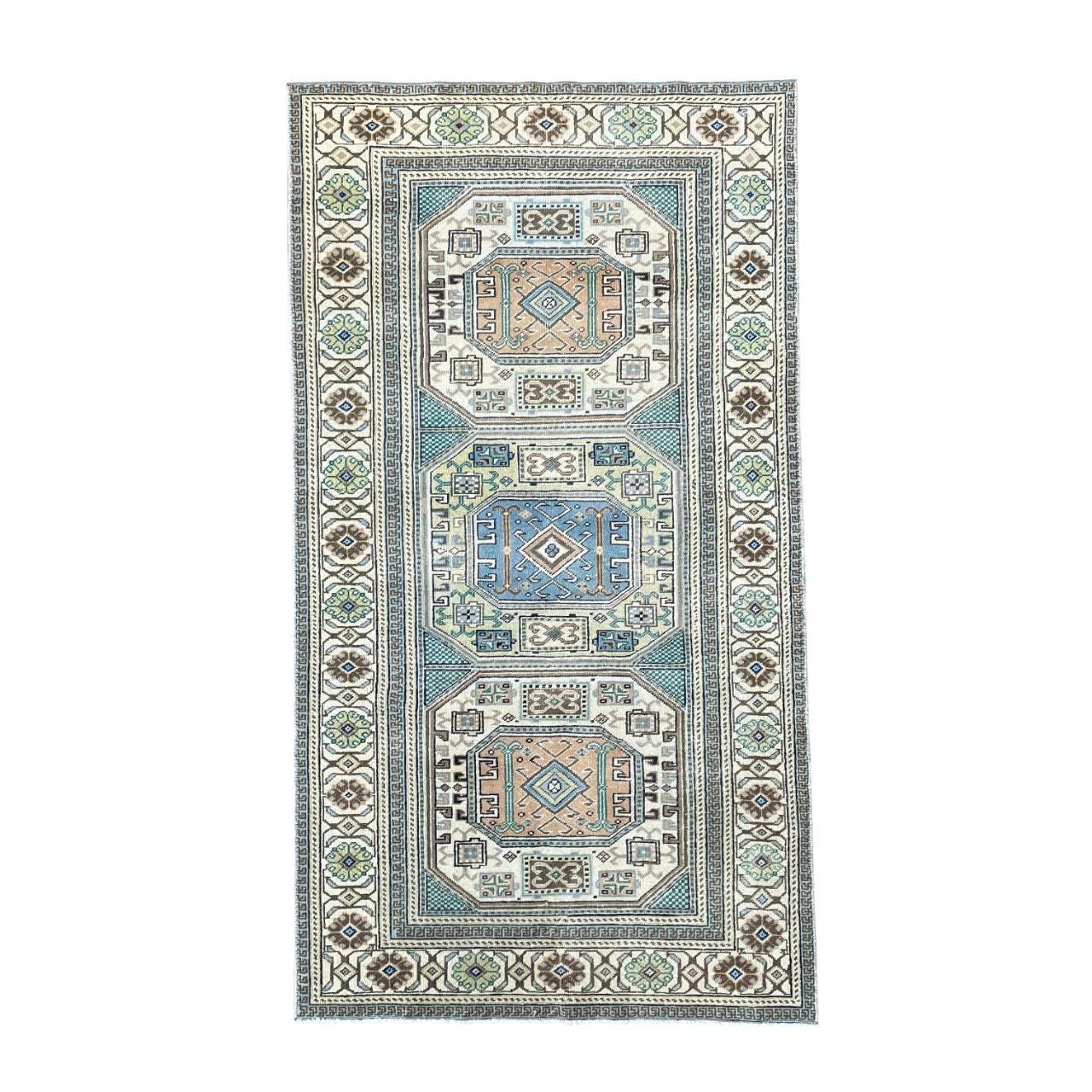 Handmade Turkish Wool Rug: Vintage Geometric Boho Accent (3' x 5'6")