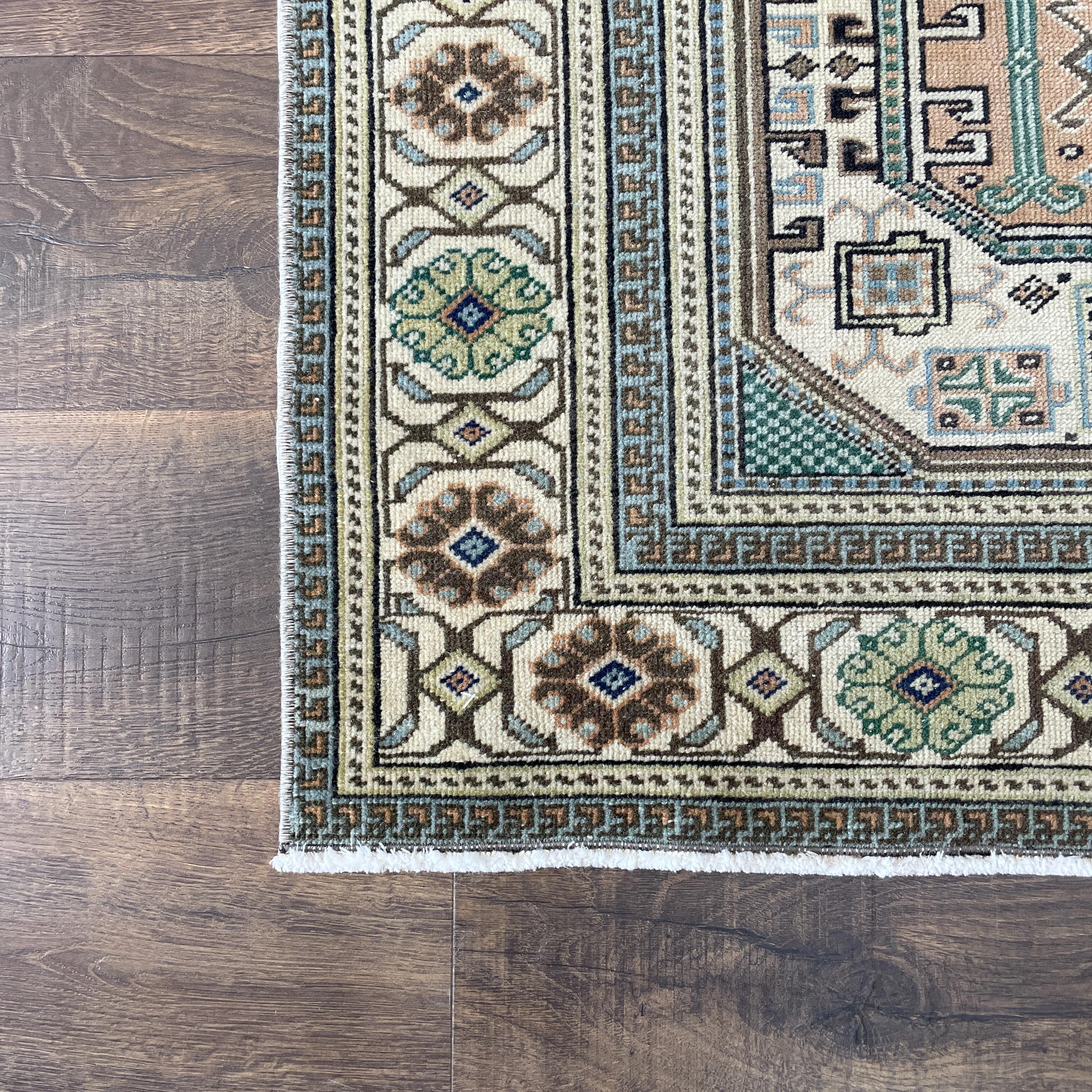 Handmade Turkish Wool Rug: Vintage Geometric Boho Accent (3' x 5'6")
