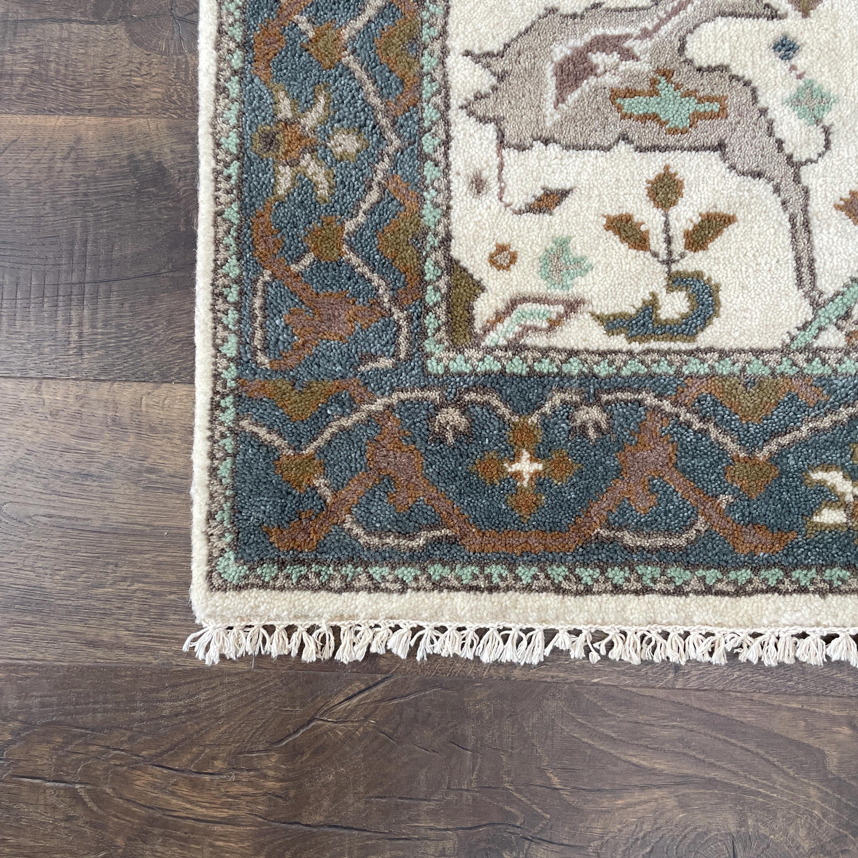 3'x5' Handmade Wool Rug – Ivory & Teal Turkish Oushak Style