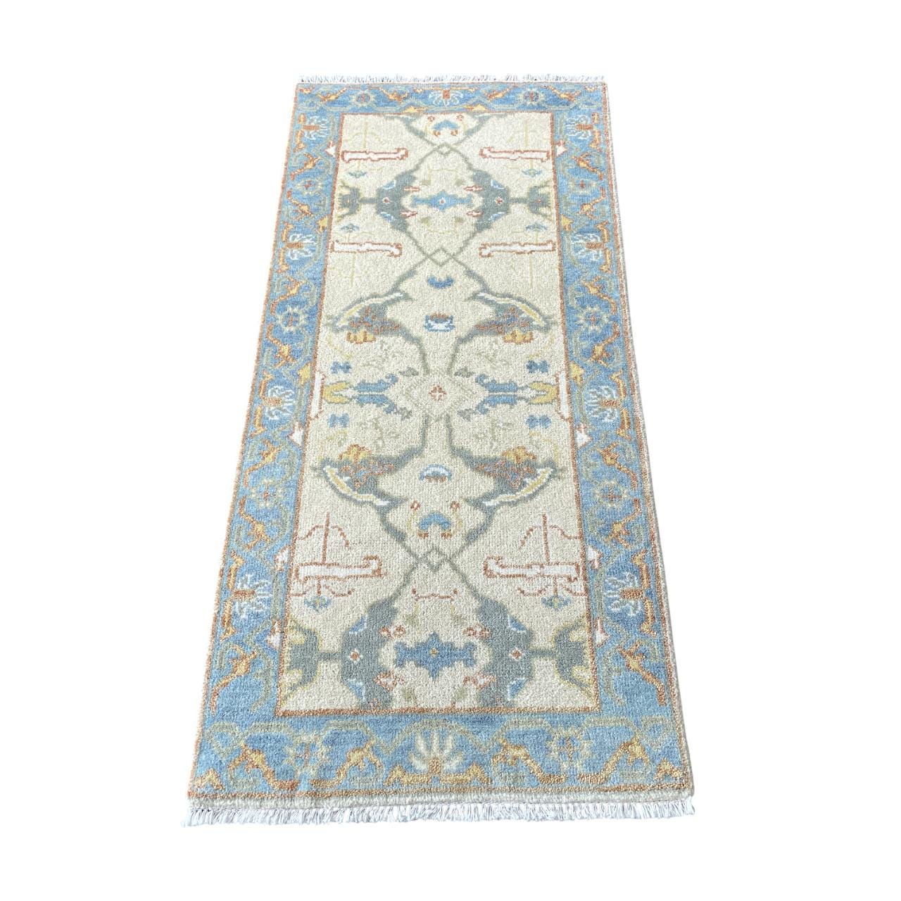 2'8"x6' Handmade Wool Rug – Light Blue & Beige Runner