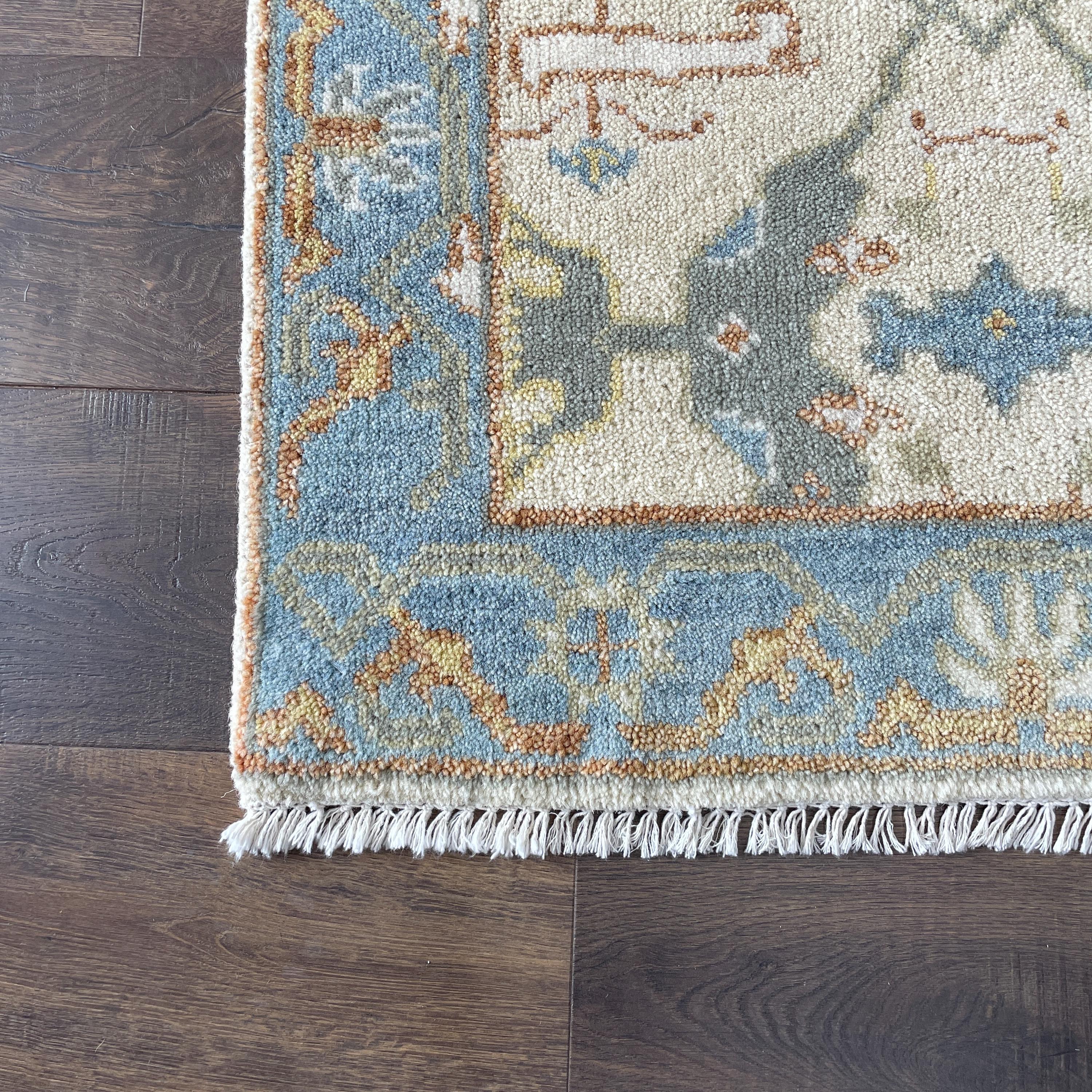 2'8"x6' Handmade Wool Rug – Light Blue & Beige Runner
