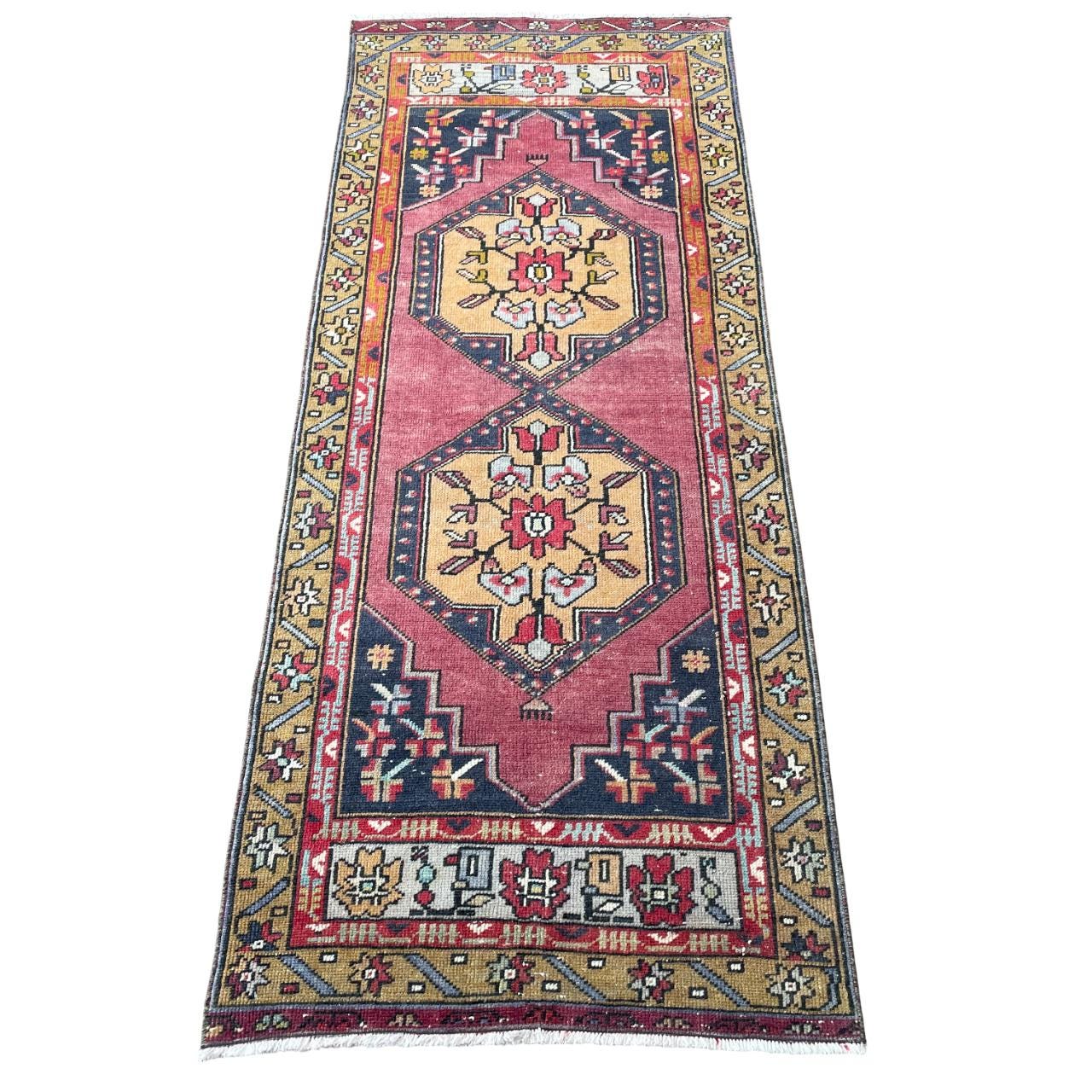 Handmade Turkish Wool Runner Rug: Vintage Medallion Boho Hallway Rug
