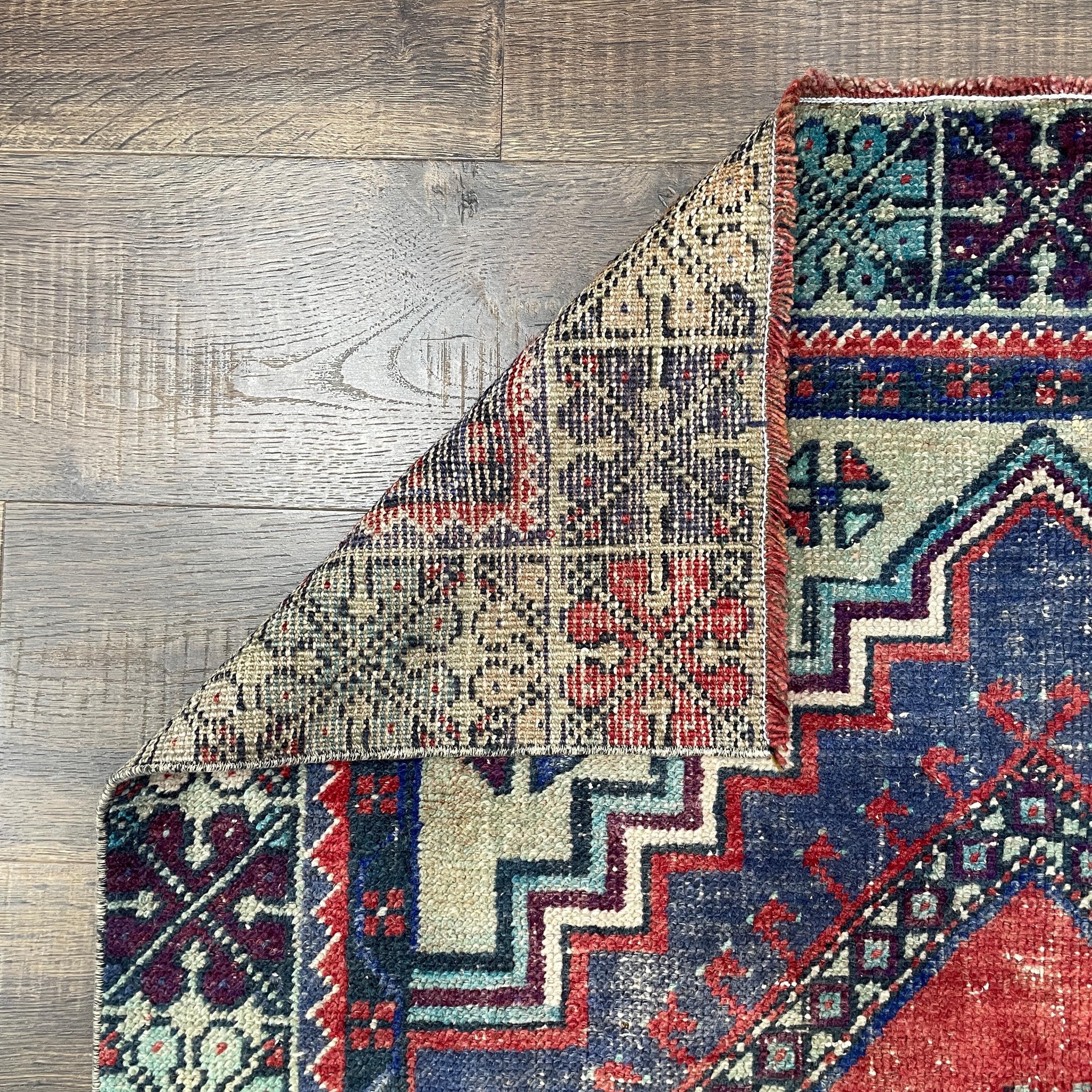 Handmade Turkish Wool Hallway Rug: Vintage Tribal Geometric Design