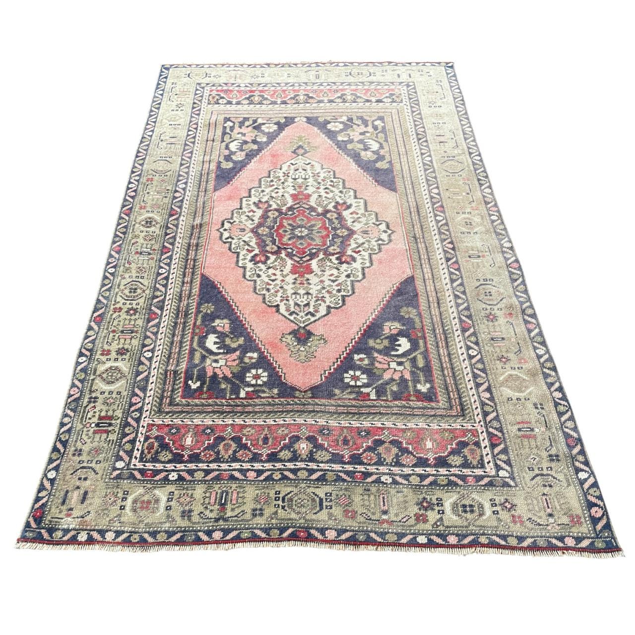Vintage Turkish Wool Rug: 3'8" x 6'1", Pink & Navy Medallion