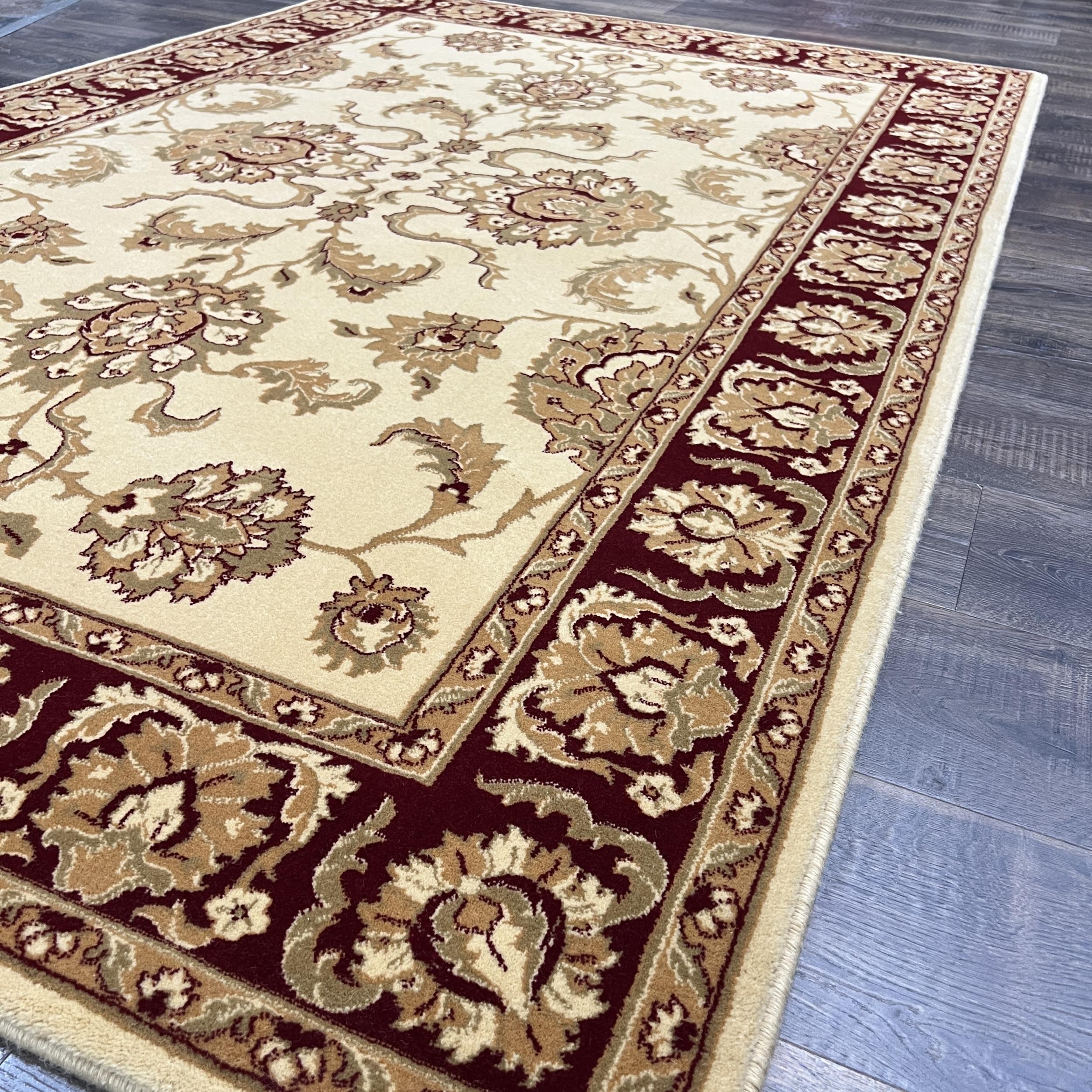 Beige & Burgundy Wool Rug: Traditional Turkish Oushak Floral (5'x7'6")